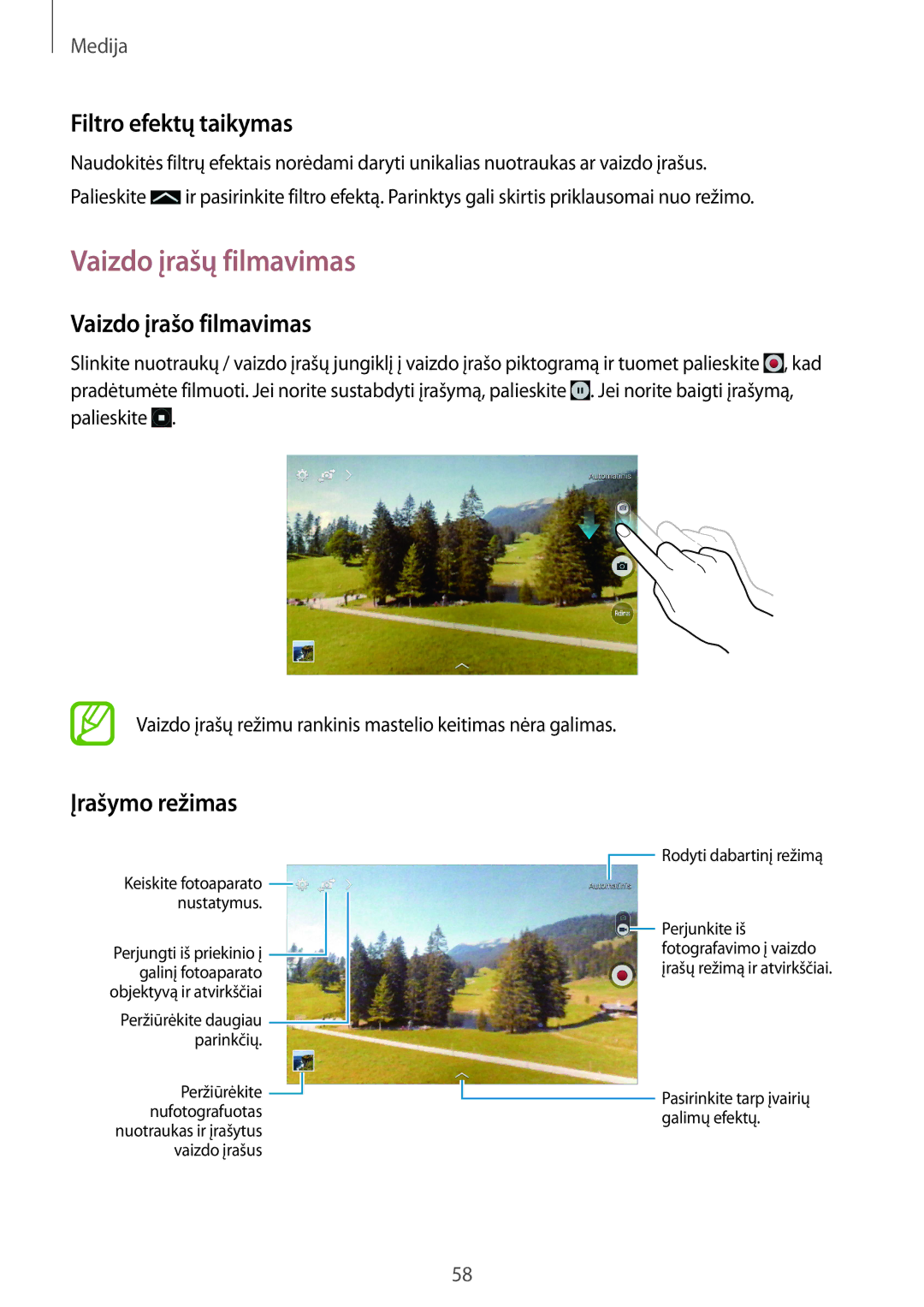 Samsung SM-T230NZWASEB manual Vaizdo įrašų filmavimas, Filtro efektų taikymas, Vaizdo įrašo filmavimas, Įrašymo režimas 