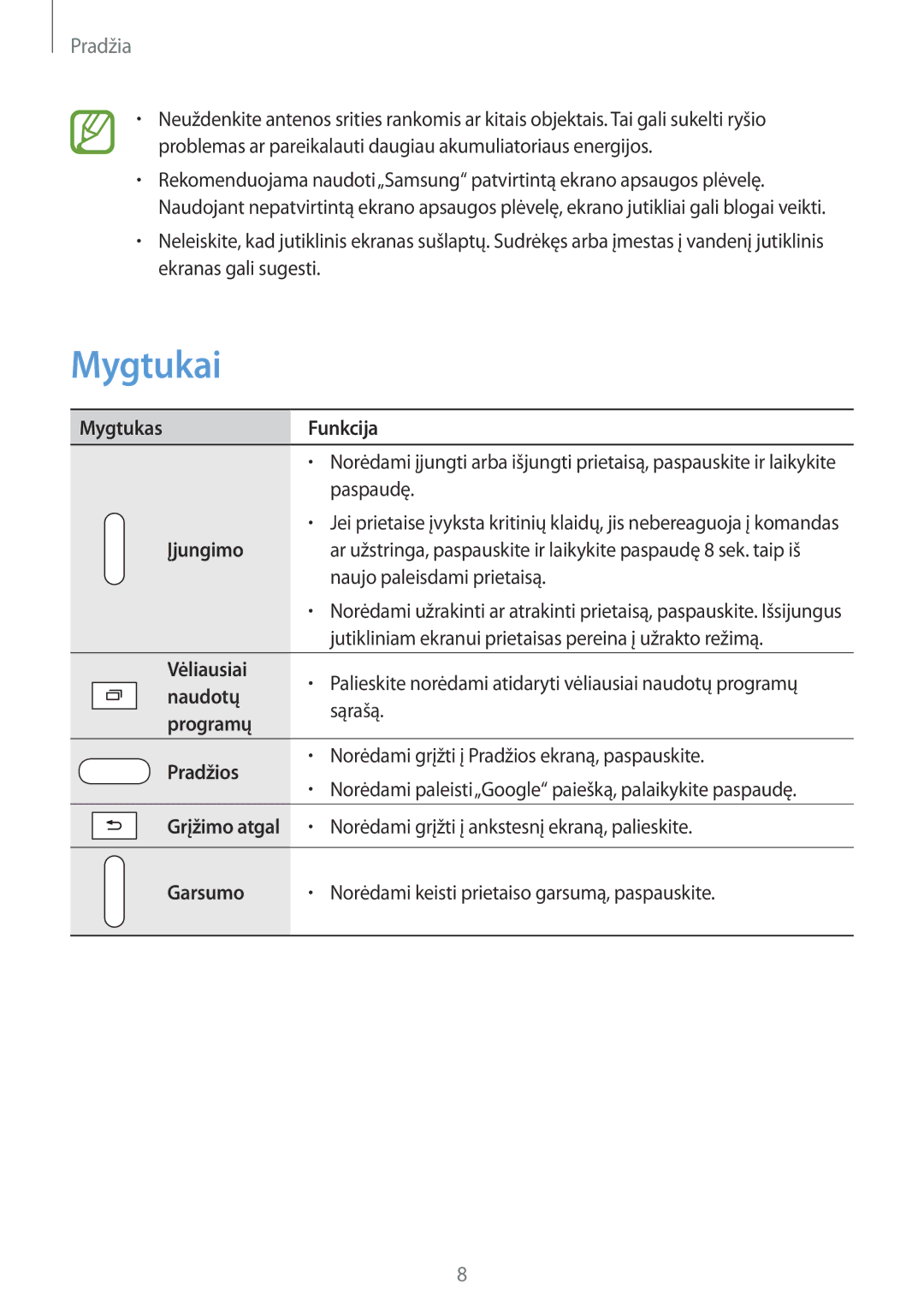 Samsung SM-T230NZWASEB, SM-T230NYKASEB manual Mygtukai 