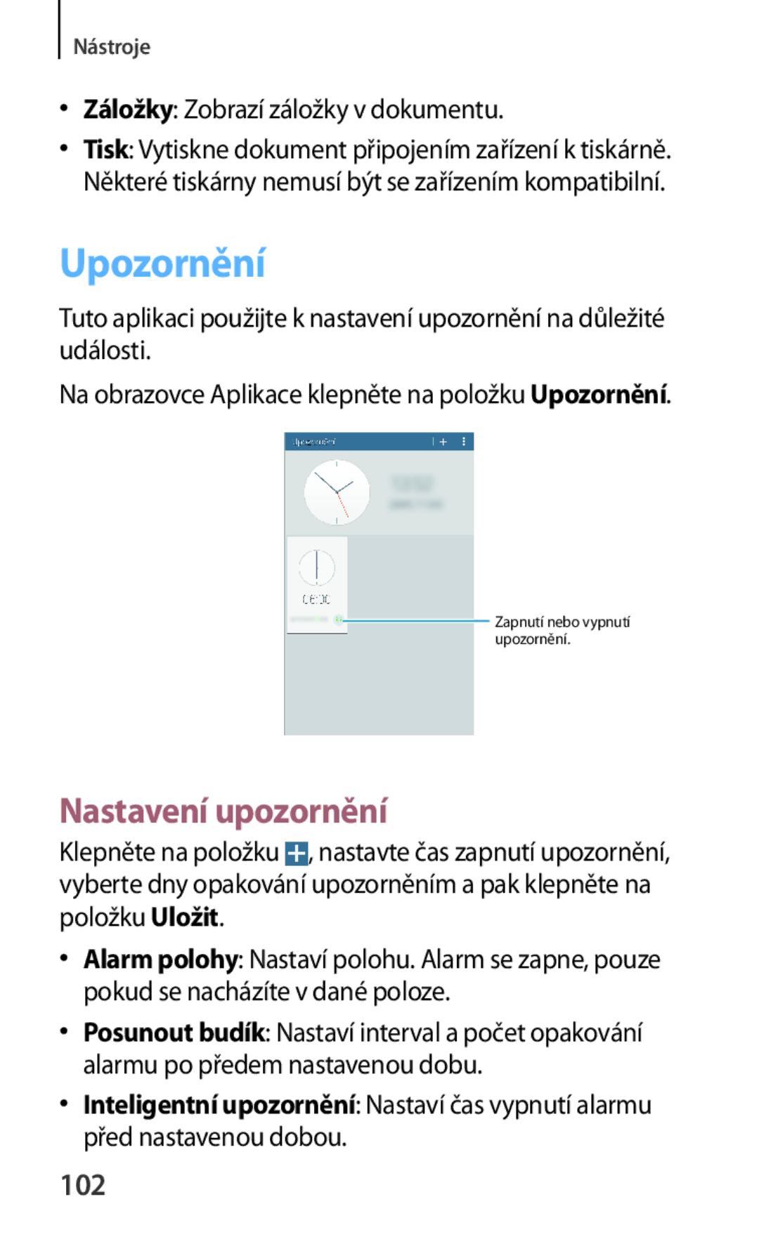 Samsung SM-T230NZWAXSK, SM-T230NZWAXEO manual Upozornění, Nastavení upozornění, 102, Záložky Zobrazí záložky v dokumentu 