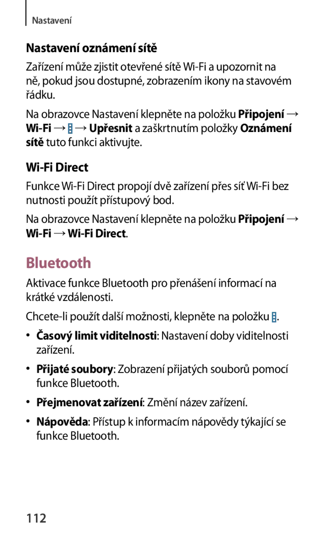 Samsung SM-T230NZWAXEO, SM-T230NYKAATO, SM-T230NZWAEUR, SM-T230NZWAATO Bluetooth, Nastavení oznámení sítě, Wi-Fi Direct, 112 