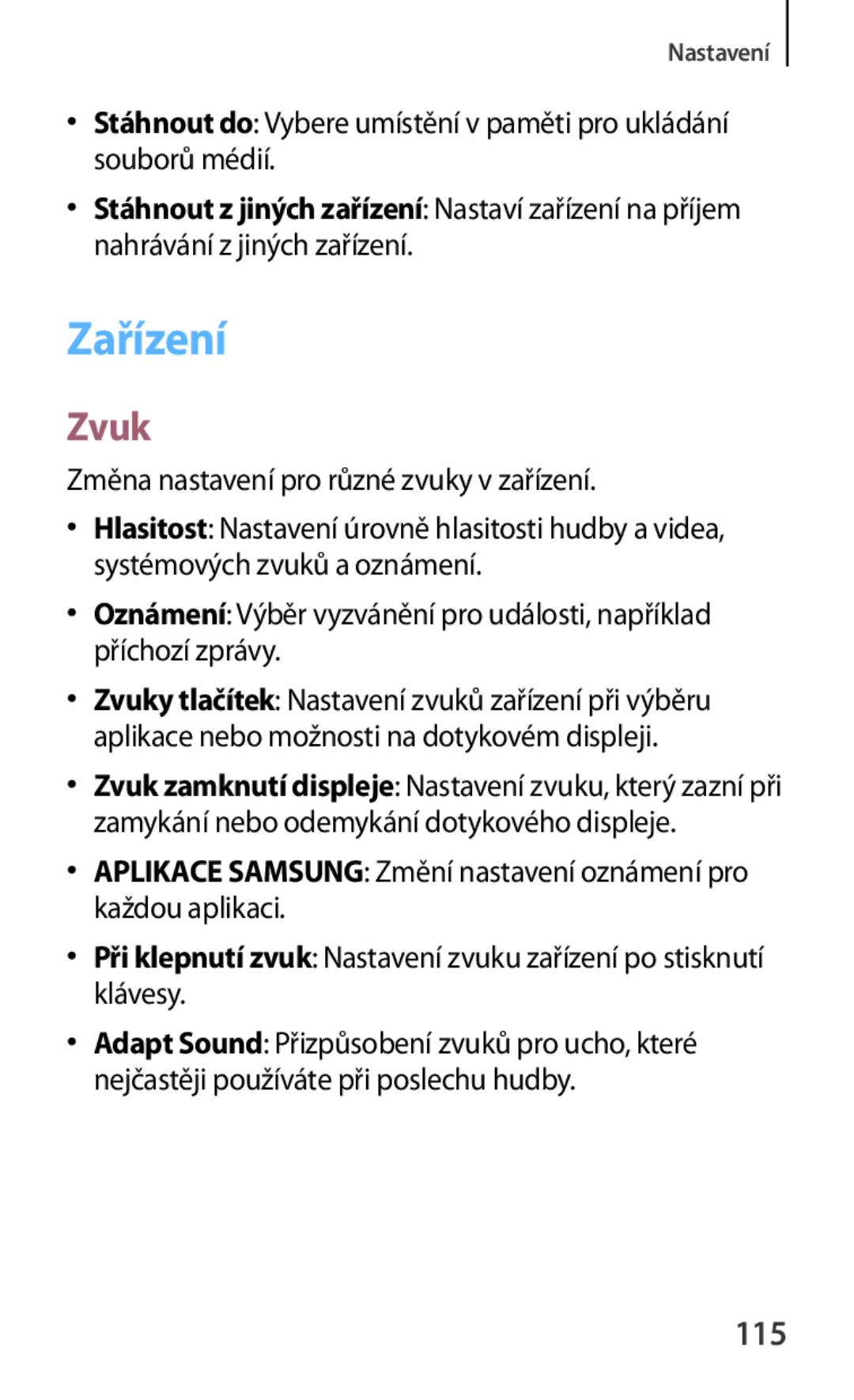 Samsung SM-T230NZWAATO, SM-T230NZWAXEO, SM-T230NYKAATO manual Zařízení, Zvuk, 115, Změna nastavení pro různé zvuky v zařízení 