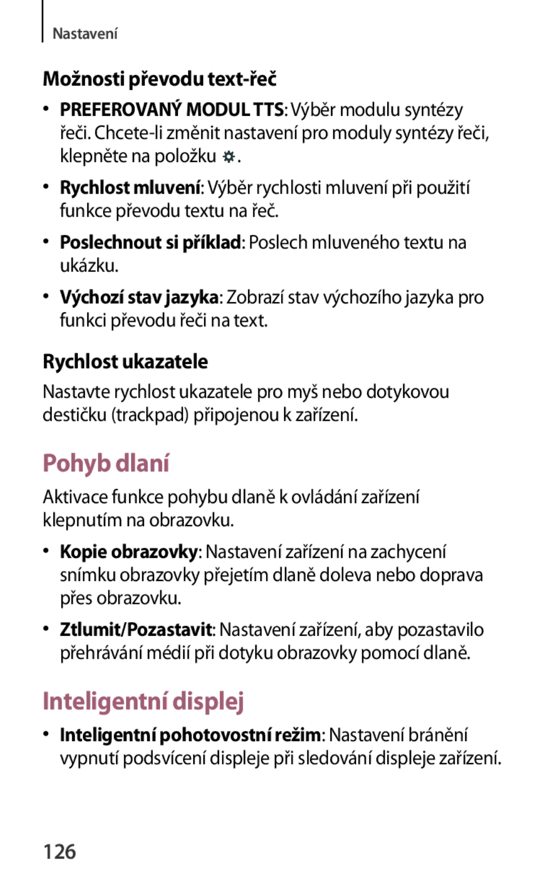 Samsung SM-T230NZWAAUT manual Pohyb dlaní, Inteligentní displej, Možnosti převodu text-řeč, Rychlost ukazatele, 126 