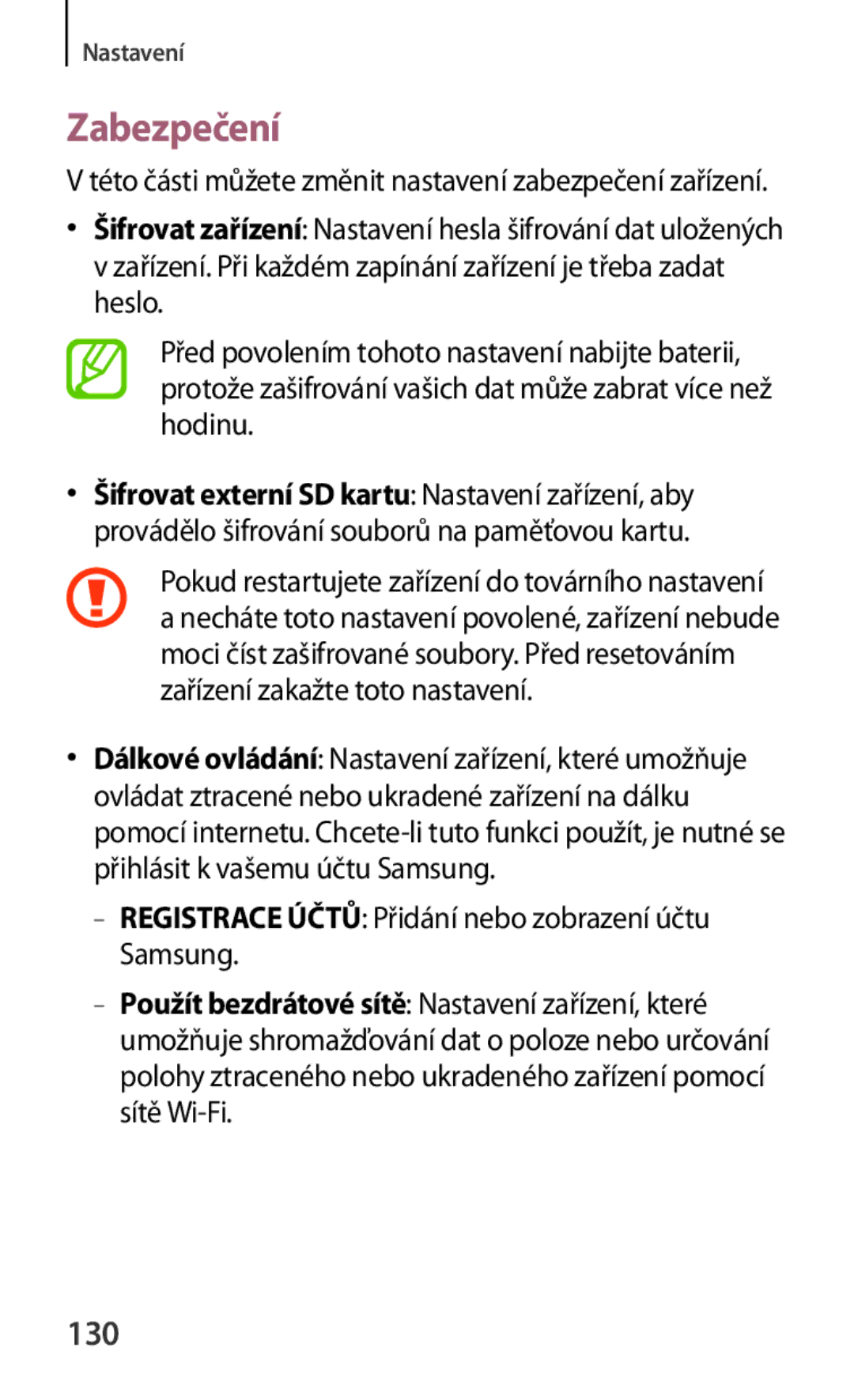 Samsung SM-T230NZWAEUR, SM-T230NZWAXEO manual Zabezpečení, 130, Registrace Účtů Přidání nebo zobrazení účtu Samsung 