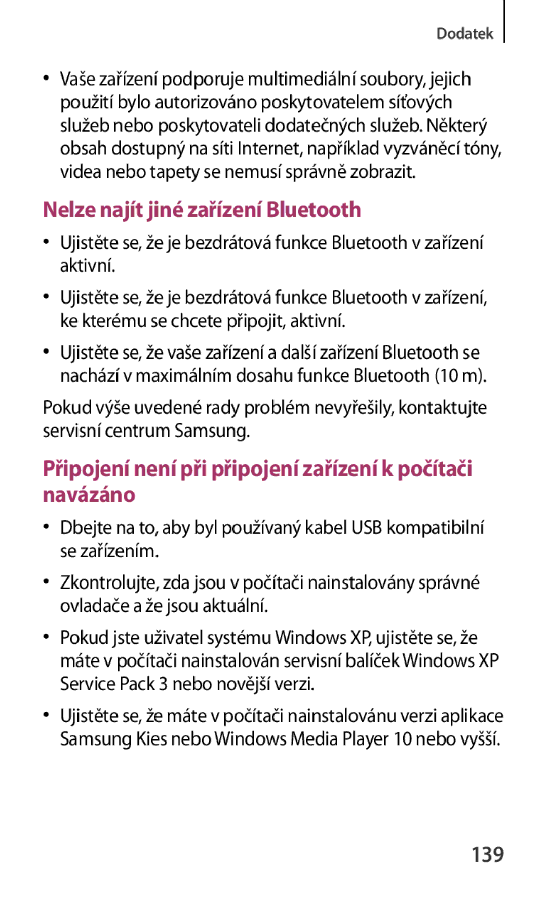 Samsung SM-T230NZWAXEH, SM-T230NZWAXEO, SM-T230NYKAATO, SM-T230NZWAEUR manual Nelze najít jiné zařízení Bluetooth, 139 