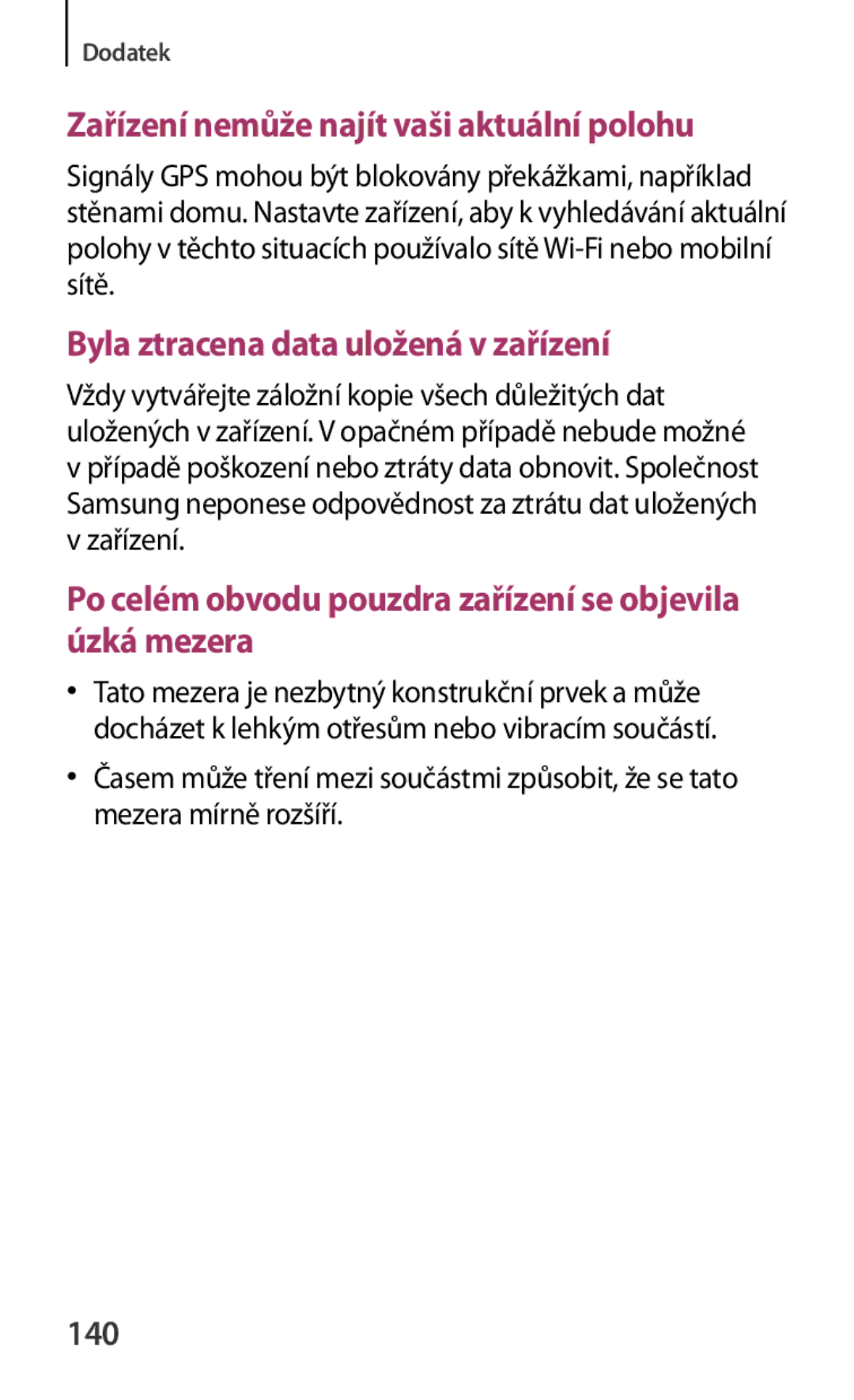 Samsung SM-T230NYKAAUT, SM-T230NZWAXEO, SM-T230NYKAATO, SM-T230NZWAEUR manual Zařízení nemůže najít vaši aktuální polohu, 140 