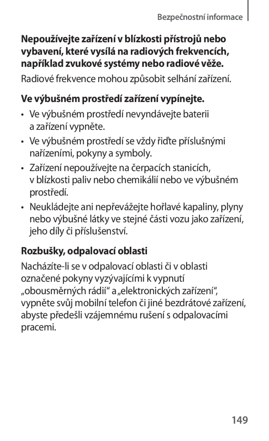 Samsung SM-T230NYKAXEO, SM-T230NZWAXEO manual Ve výbušném prostředí zařízení vypínejte, Rozbušky, odpalovací oblasti, 149 