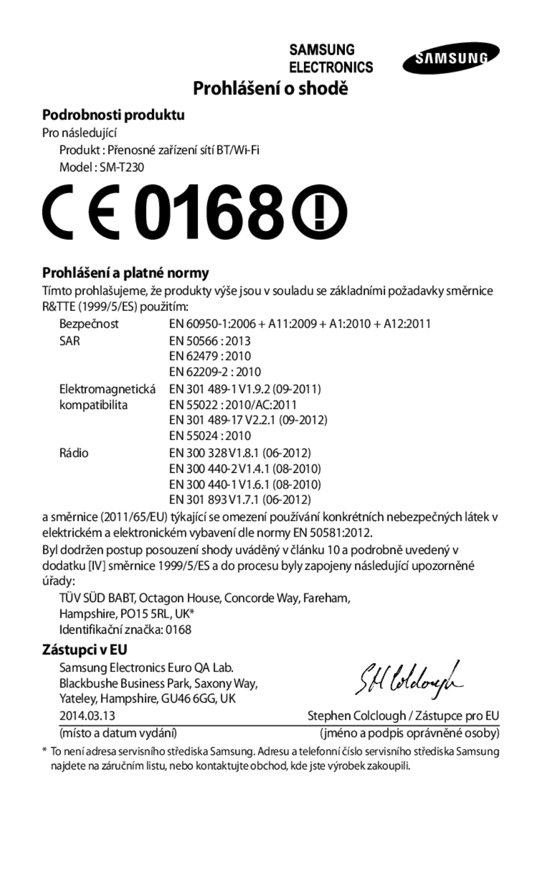 Samsung SM-T230NYKAXSK, SM-T230NZWAXEO, SM-T230NYKAATO, SM-T230NZWAEUR, SM-T230NZWAATO, SM-T230NYKAEUR manual Prohlášení o shodě 