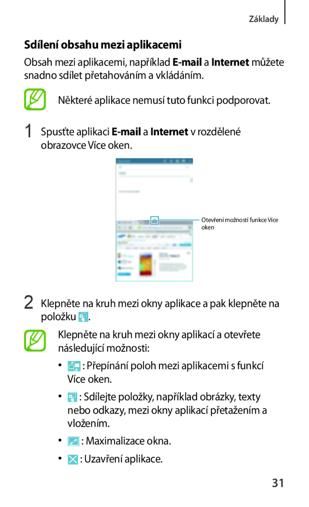 Samsung SM-T230NYKAXEZ, SM-T230NZWAXEO, SM-T230NYKAATO manual Sdílení obsahu mezi aplikacemi, Obrazovce Více oken, Položku 