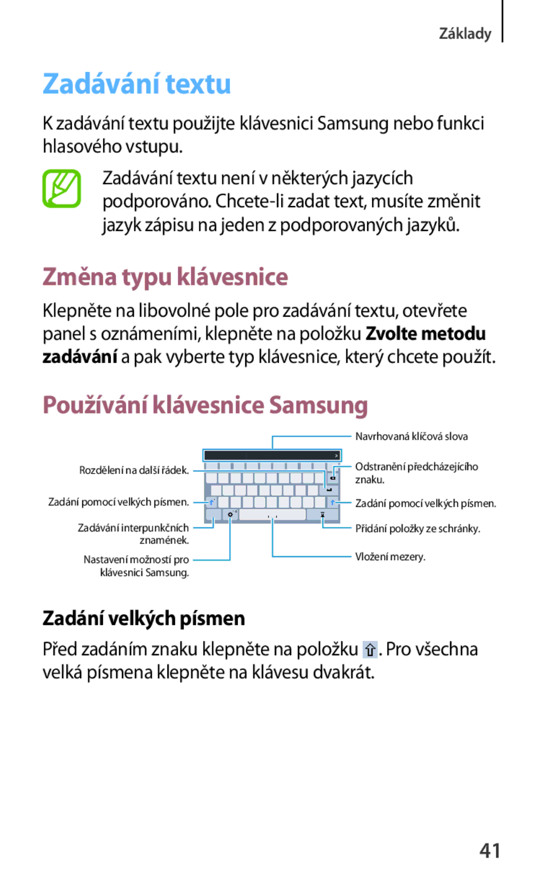 Samsung SM-T230NYKAXEH manual Zadávání textu, Změna typu klávesnice, Používání klávesnice Samsung, Zadání velkých písmen 