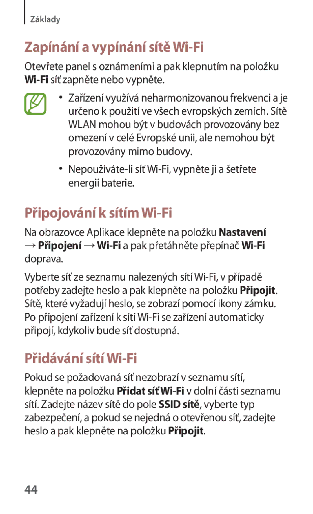 Samsung SM-T230NYKAAUT, SM-T230NZWAXEO Zapínání a vypínání sítě Wi-Fi, Připojování k sítím Wi-Fi, Přidávání sítí Wi-Fi 