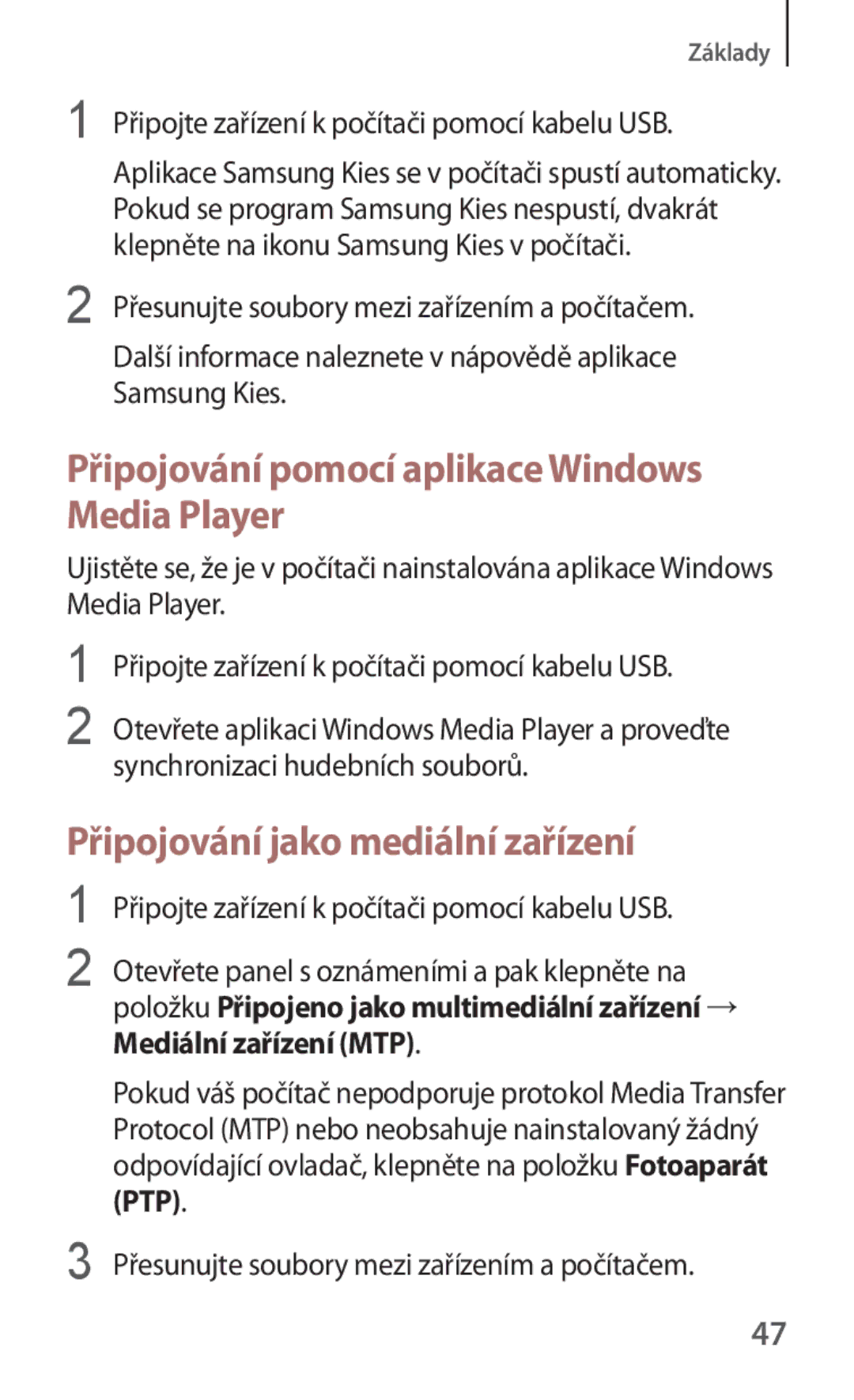 Samsung SM-T230NYKAXEZ manual Připojování pomocí aplikace Windows Media Player, Připojování jako mediální zařízení 