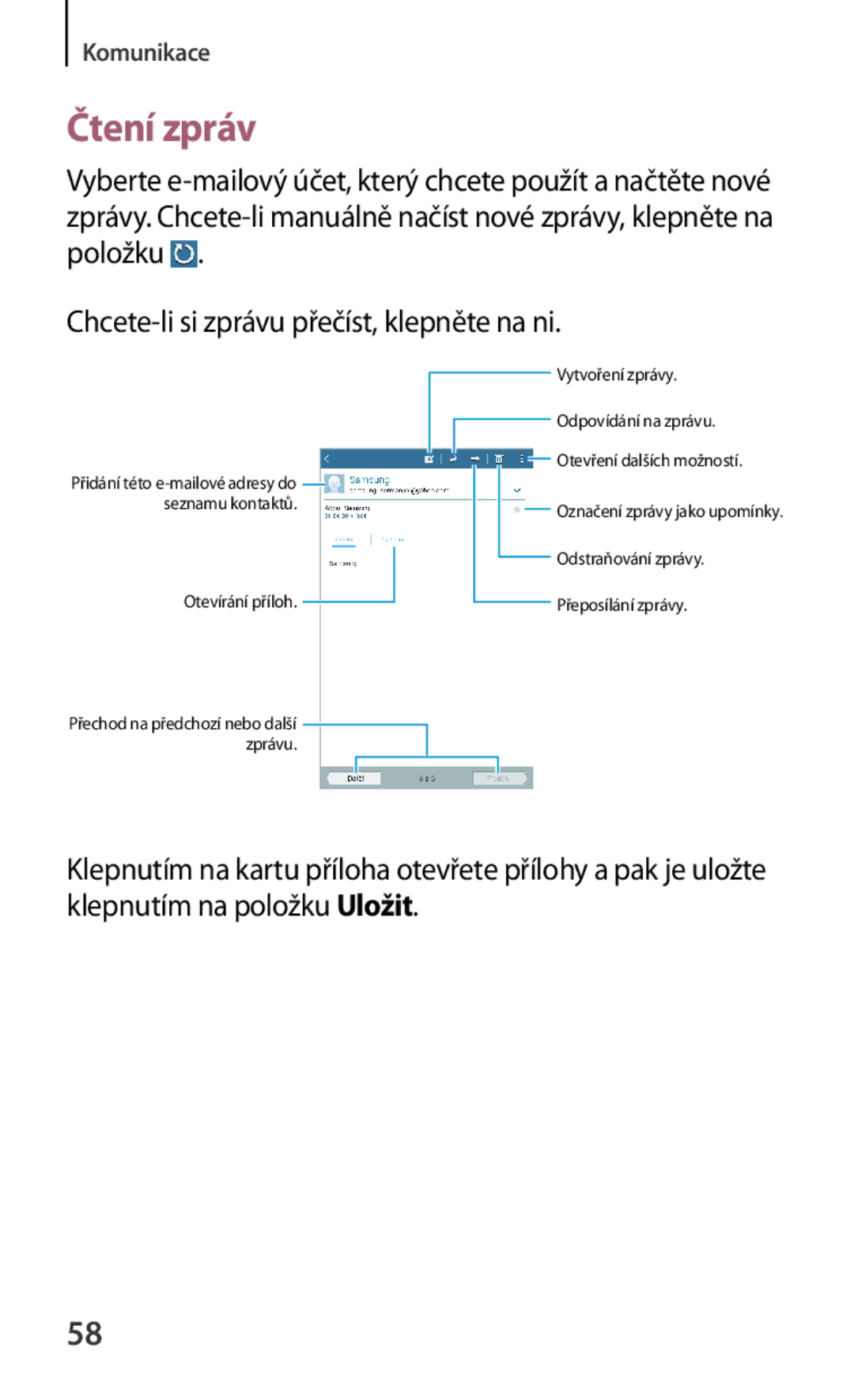 Samsung SM-T230NZWAXEZ, SM-T230NZWAXEO, SM-T230NYKAATO, SM-T230NZWAEUR, SM-T230NZWAATO, SM-T230NYKAEUR manual Čtení zpráv 