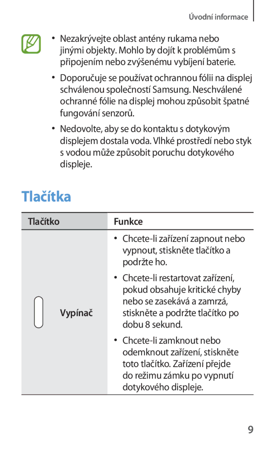 Samsung SM-T230NYKAXEH, SM-T230NZWAXEO, SM-T230NYKAATO manual Tlačítka, Vypínač stiskněte a podržte tlačítko po dobu 8 sekund 