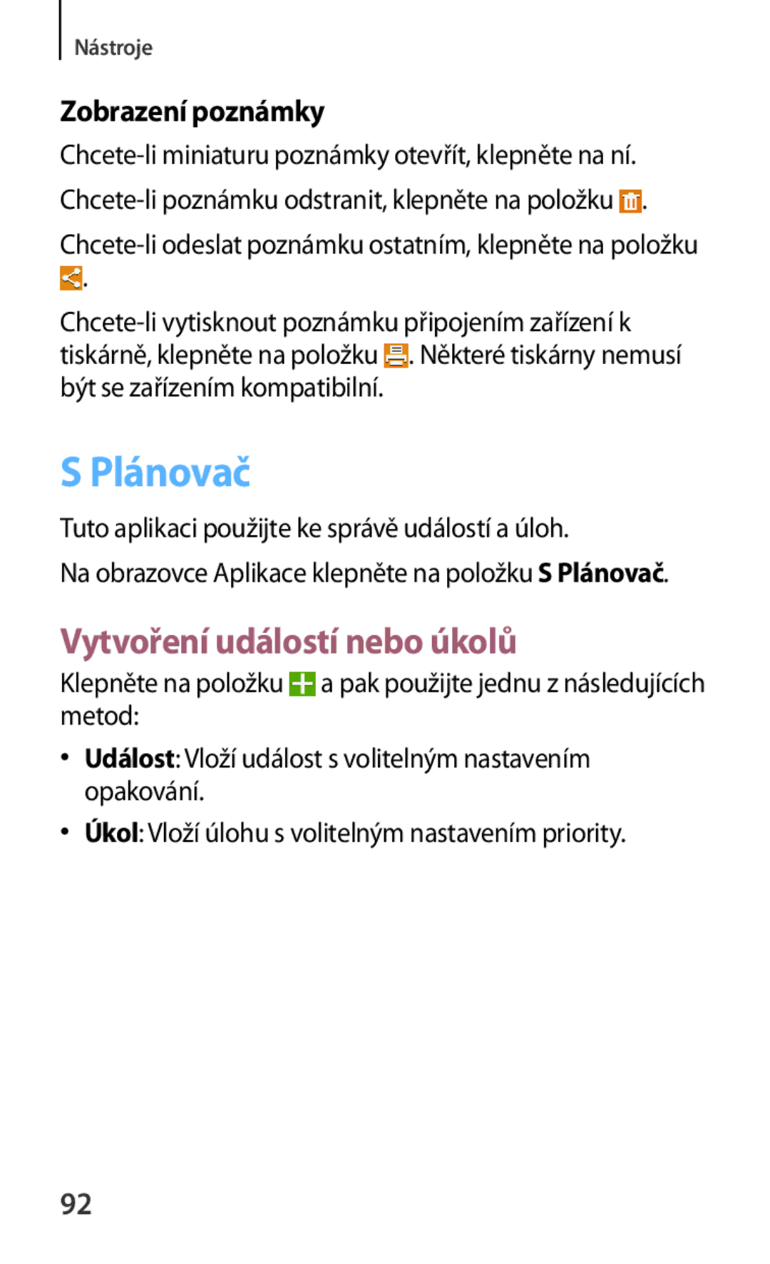 Samsung SM-T230NYKAAUT, SM-T230NZWAXEO, SM-T230NYKAATO manual Plánovač, Vytvoření událostí nebo úkolů, Zobrazení poznámky 