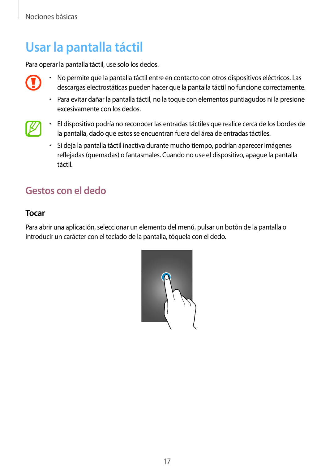 Samsung SM-T230NZWATPH, SM-T230NZWAXEO, SM-T230NYKATPH, SM-T230NZWAPHE Usar la pantalla táctil, Gestos con el dedo, Tocar 