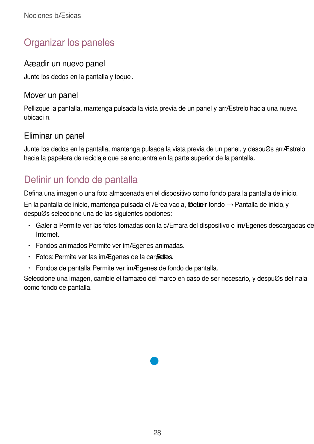 Samsung SM-T230NZWAE12 manual Organizar los paneles, Definir un fondo de pantalla, Añadir un nuevo panel, Mover un panel 