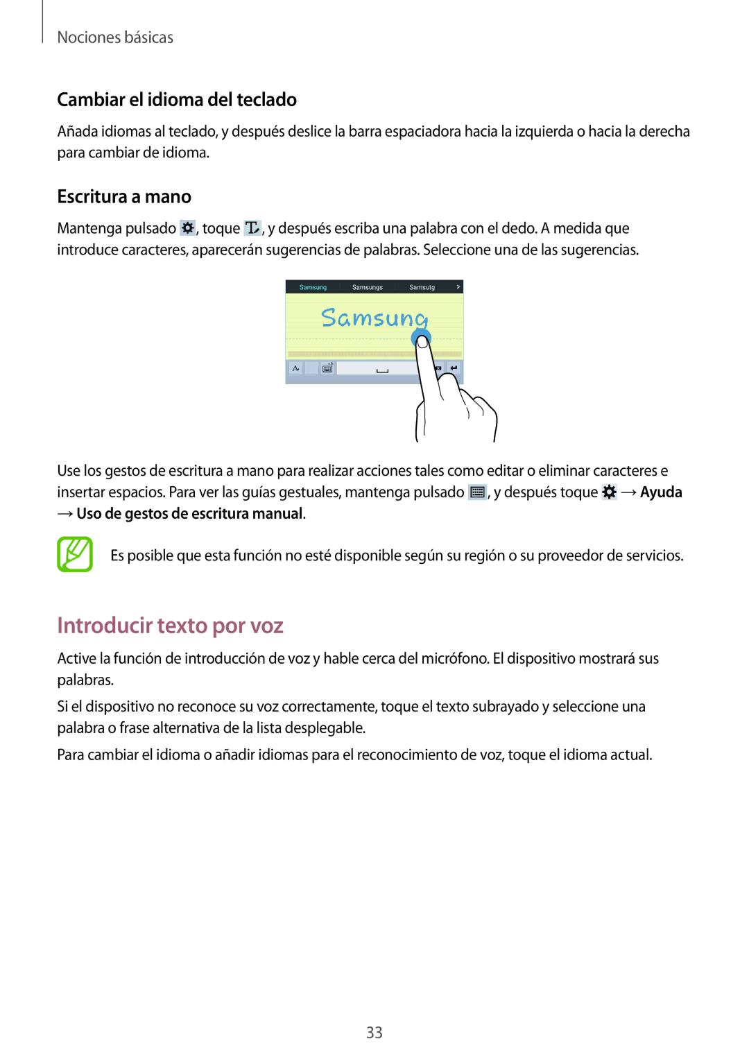 Samsung SM-T230NZWATPH, SM-T230NZWAXEO manual Introducir texto por voz, Cambiar el idioma del teclado, Escritura a mano 