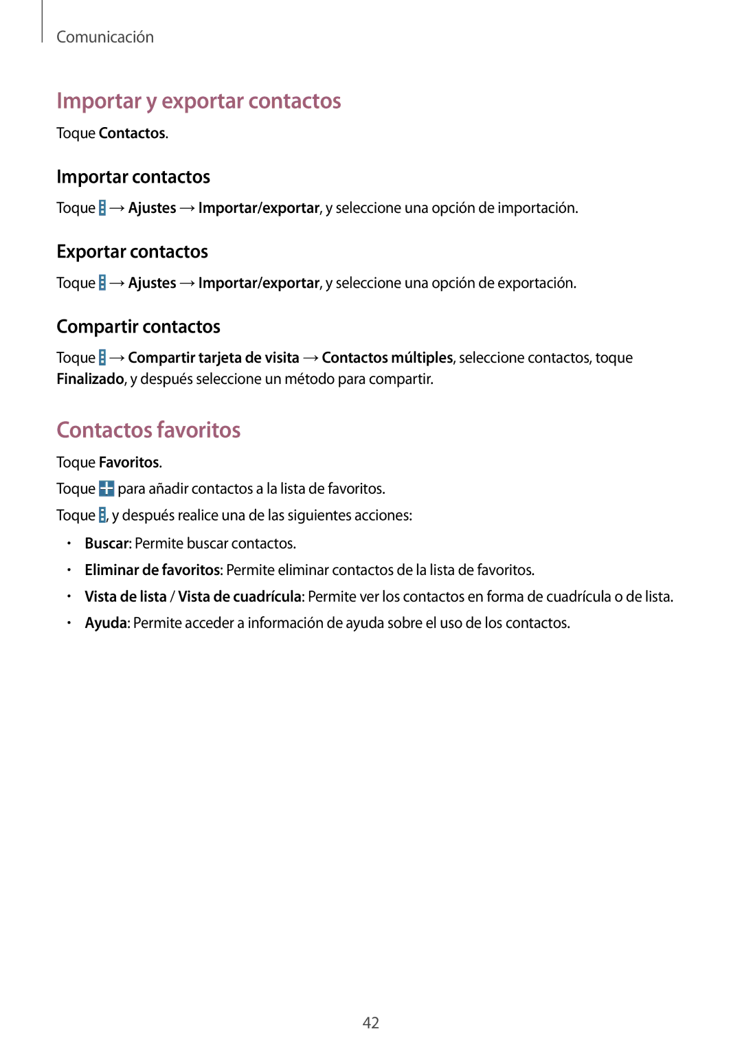 Samsung SM-T230NYKATPH manual Importar y exportar contactos, Contactos favoritos, Importar contactos, Exportar contactos 