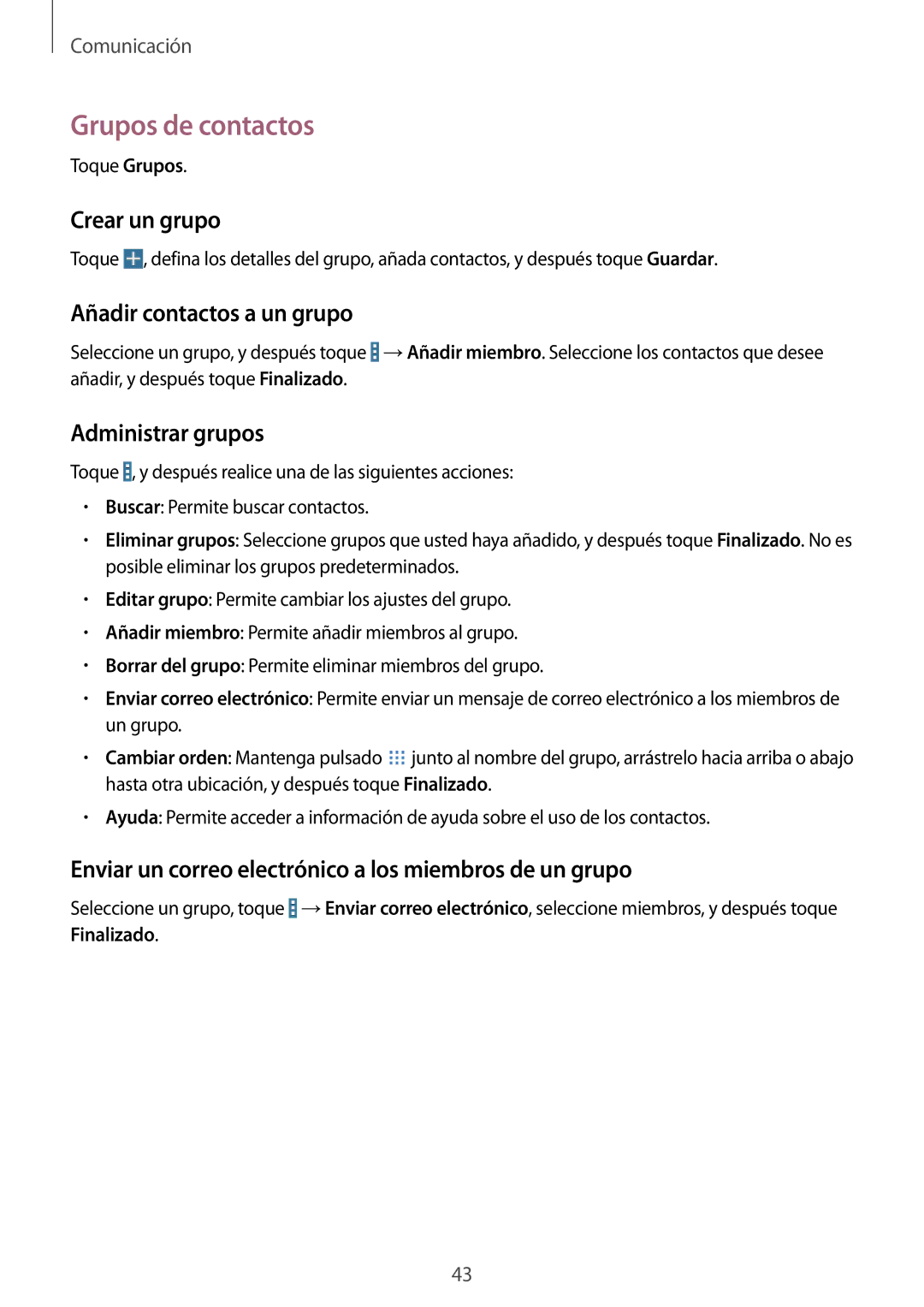 Samsung SM-T230NZWAPHE manual Grupos de contactos, Crear un grupo, Añadir contactos a un grupo, Administrar grupos 