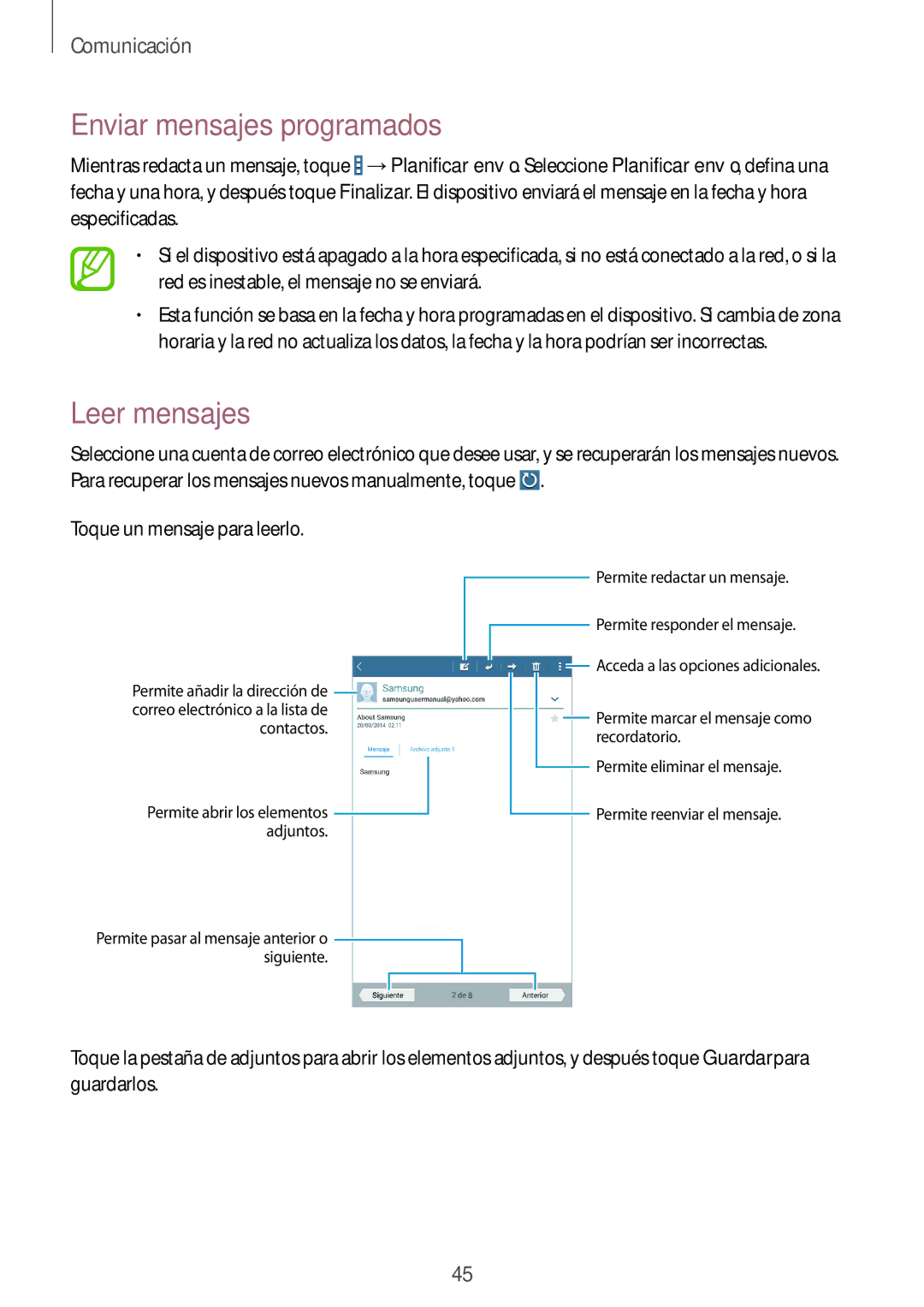 Samsung SM-T230NZWAE11, SM-T230NZWAXEO, SM-T230NZWATPH, SM-T230NYKATPH manual Enviar mensajes programados, Leer mensajes 