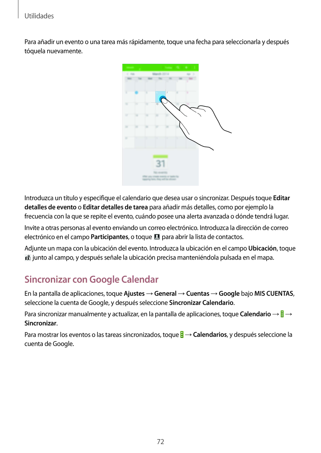 Samsung SM-T230NZWAXEO, SM-T230NZWATPH, SM-T230NYKATPH, SM-T230NZWAPHE, SM-T230NZWAE12 manual Sincronizar con Google Calendar 