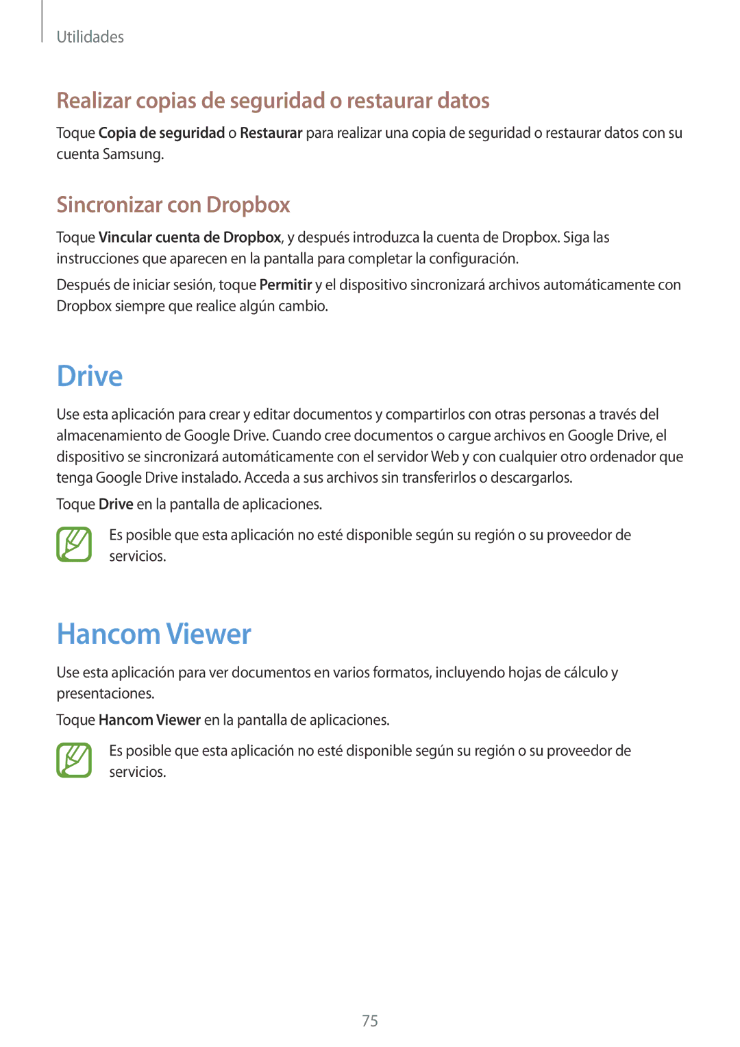 Samsung SM-T230NZWAPHE manual Drive, Hancom Viewer, Realizar copias de seguridad o restaurar datos, Sincronizar con Dropbox 