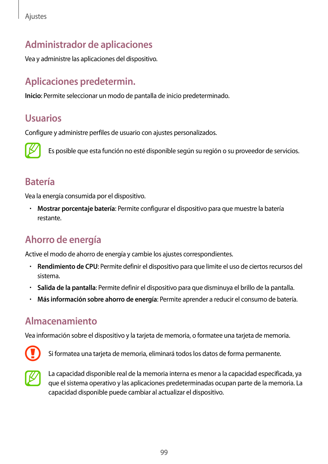 Samsung SM-T230NZWAPHE manual Administrador de aplicaciones, Aplicaciones predetermin, Usuarios, Batería, Ahorro de energía 