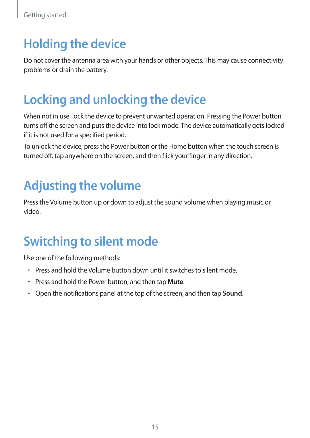 Samsung SM-T230NYKAXEO, SM-T230NZWAXEO manual Holding the device, Locking and unlocking the device, Adjusting the volume 