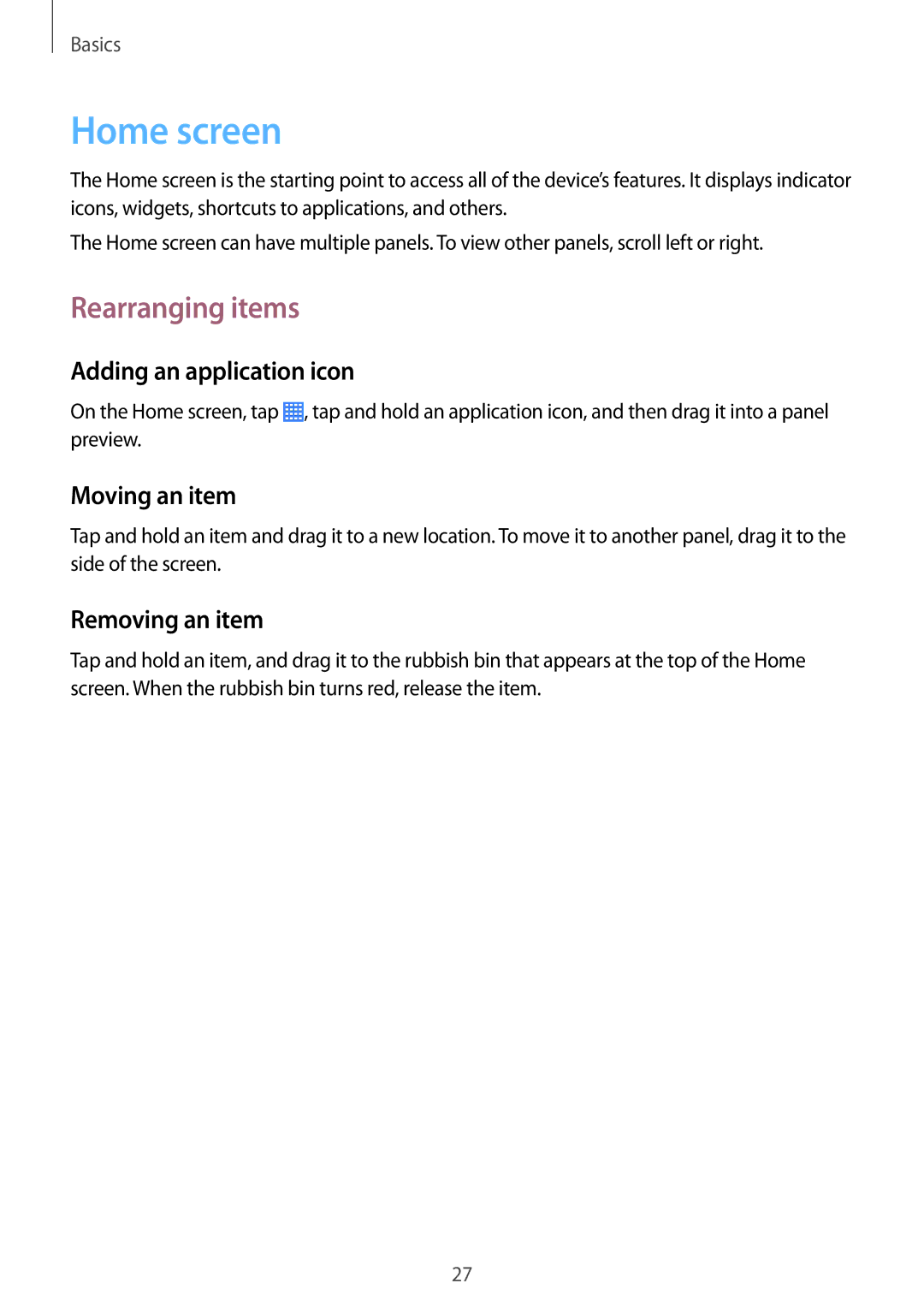 Samsung SM2T230NZWAXEH manual Home screen, Rearranging items, Adding an application icon, Moving an item, Removing an item 