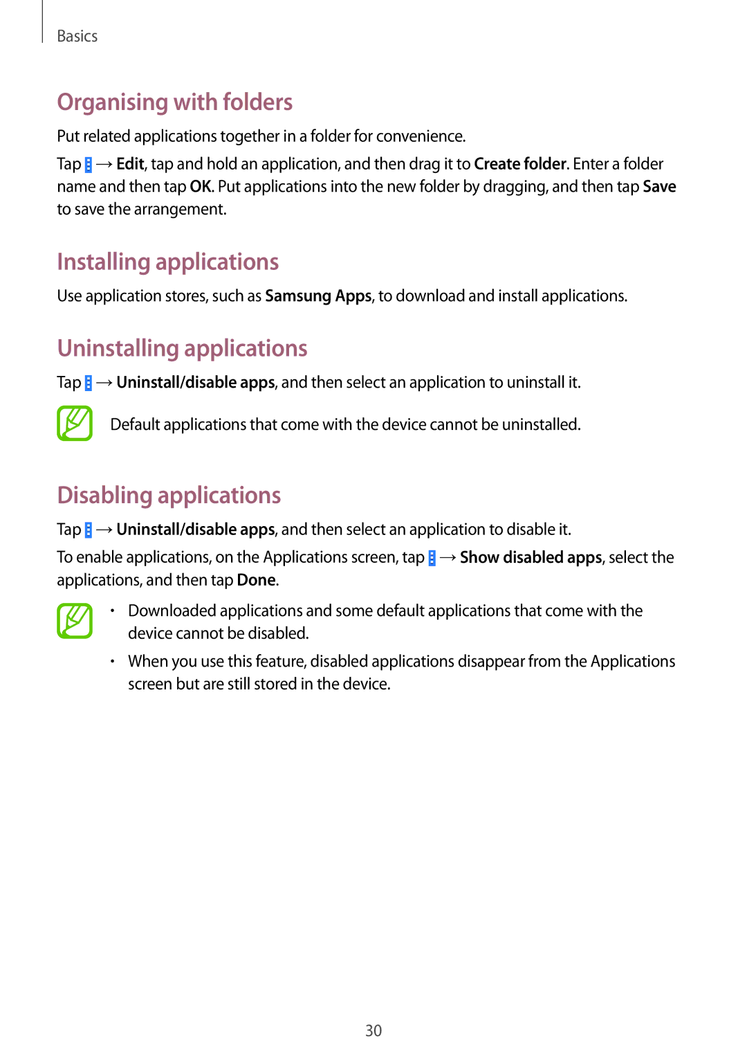 Samsung SM-T230NZWAXEH Organising with folders, Installing applications, Uninstalling applications, Disabling applications 