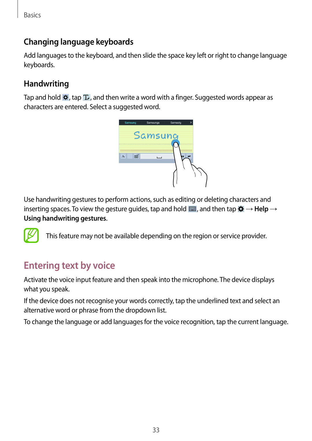 Samsung SM-T230NZWAAUT, SM-T230NZWAXEO, SM-T230NZWATUR Entering text by voice, Changing language keyboards, Handwriting 