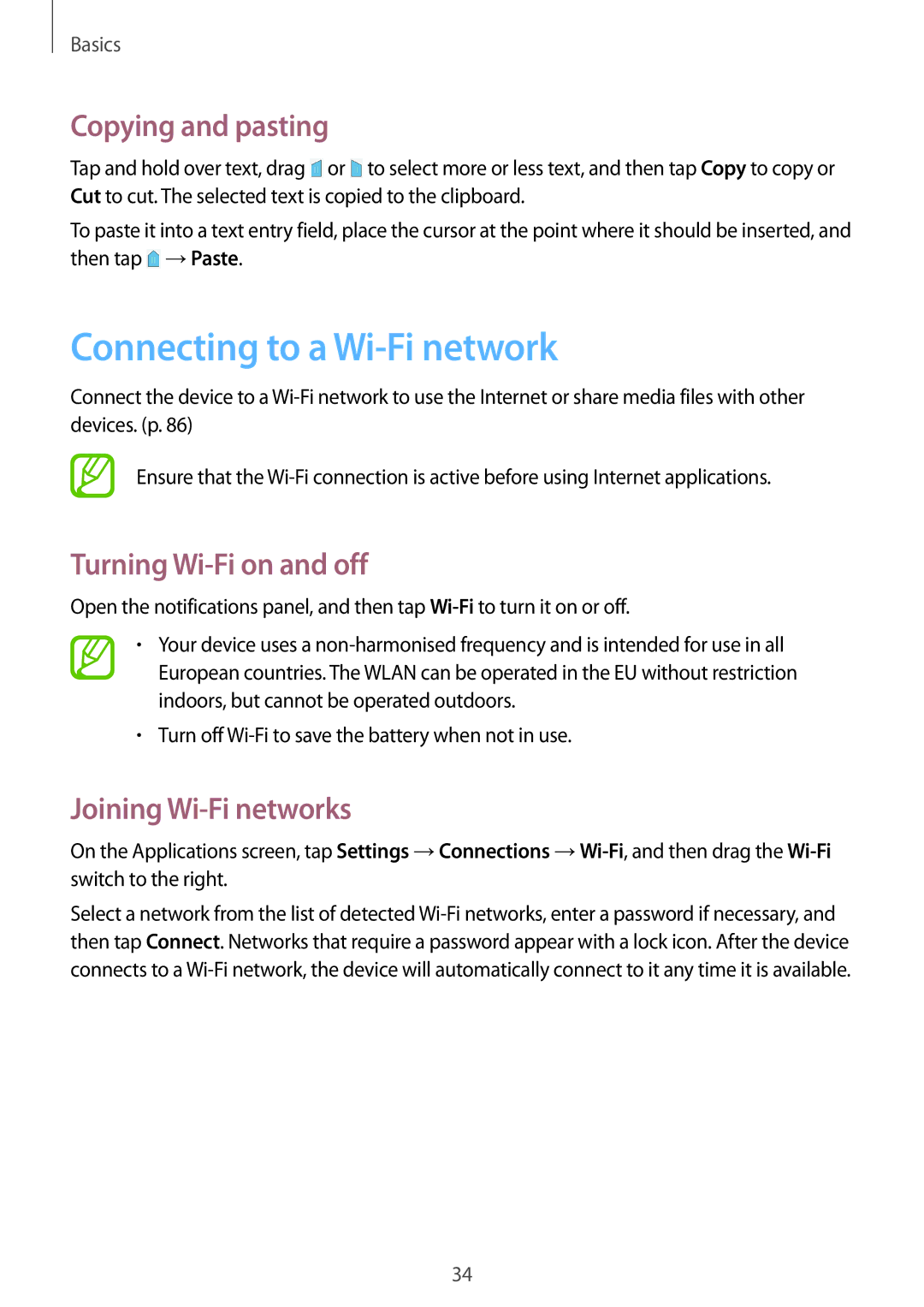 Samsung SM-T230NYKAXEZ, SM-T230NZWAXEO manual Connecting to a Wi-Fi network, Copying and pasting, Turning Wi-Fi on and off 