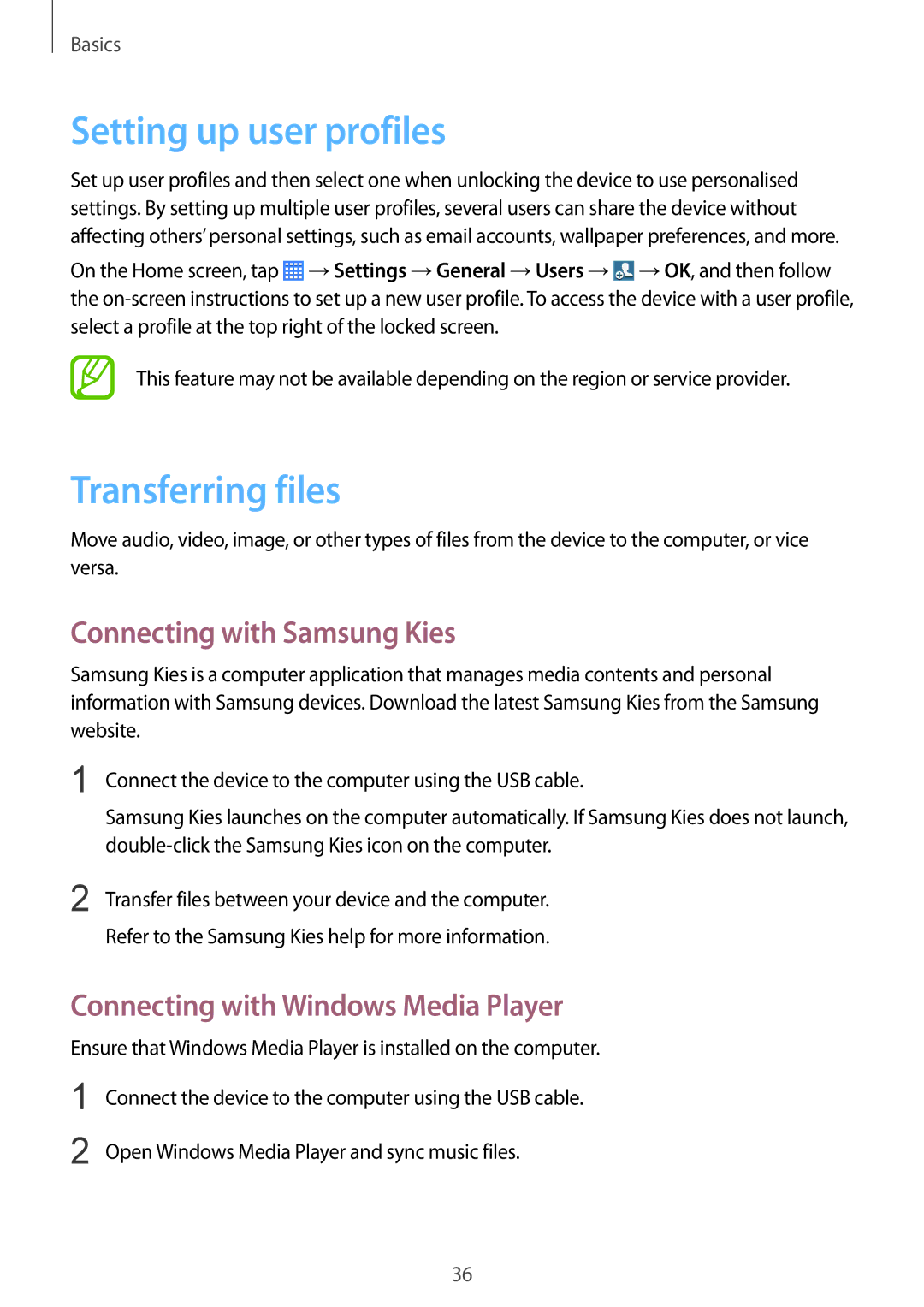 Samsung SM-T230NYKANEE, SM-T230NZWAXEO manual Setting up user profiles, Transferring files, Connecting with Samsung Kies 