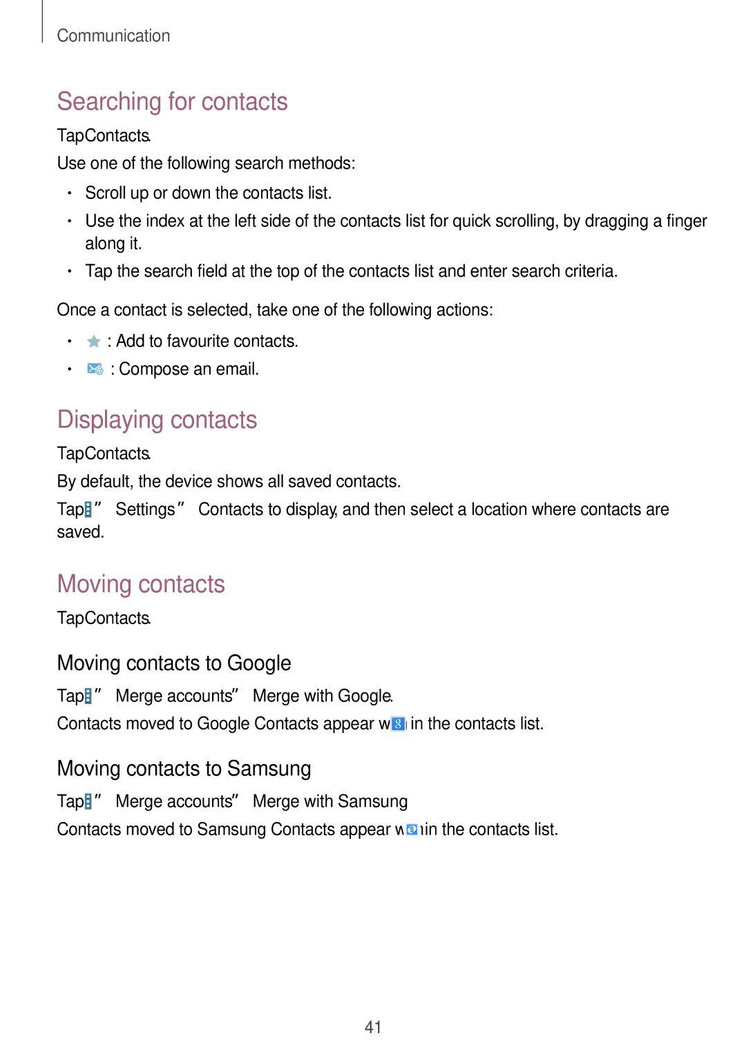 Samsung SM-T230NYKASER, SM-T230NZWAXEO manual Searching for contacts, Displaying contacts, Moving contacts to Google 