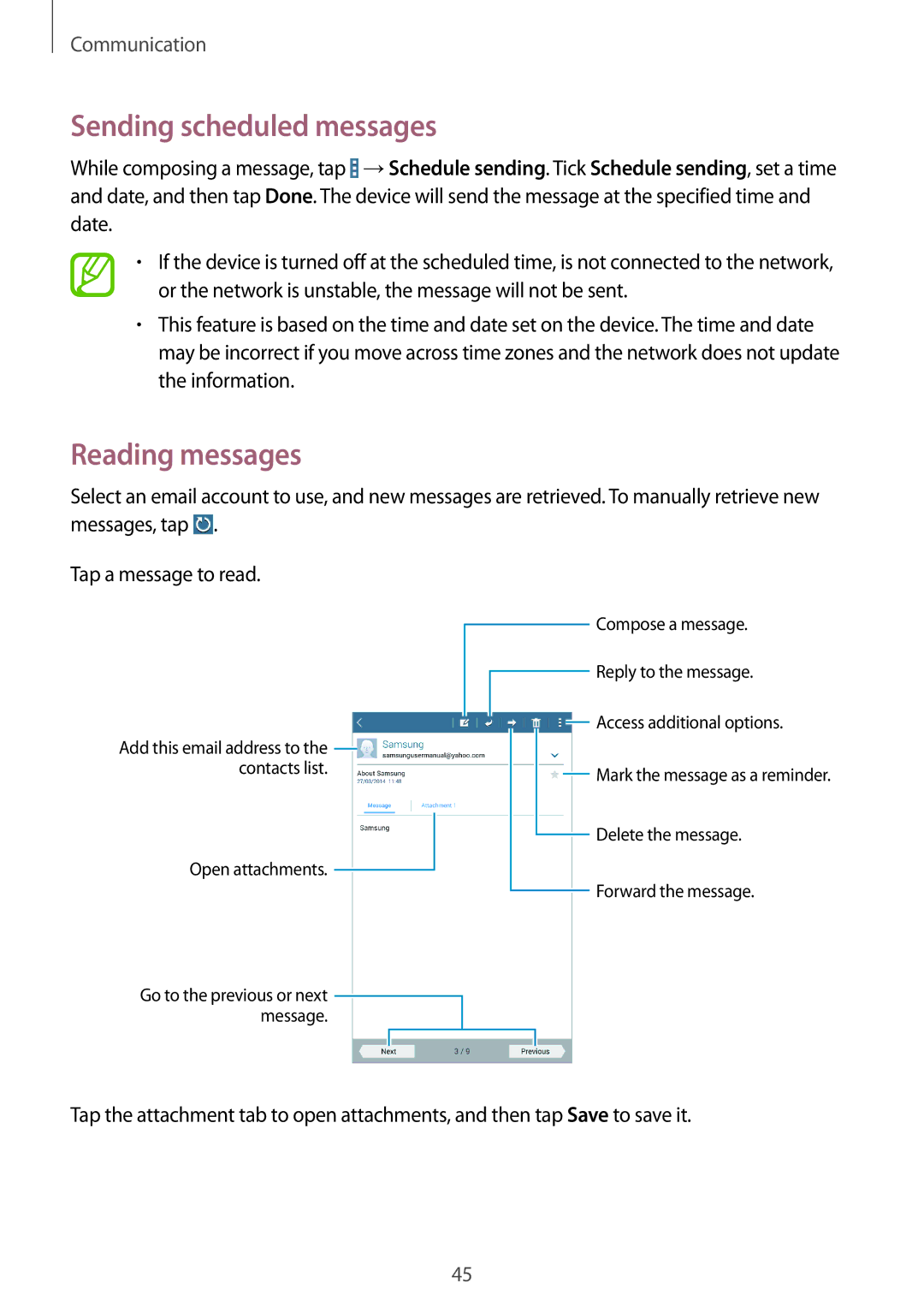 Samsung SM-T230NZWATPH, SM-T230NZWAXEO, SM-T230NZWATUR, SM-T230NYKAATO manual Sending scheduled messages, Reading messages 