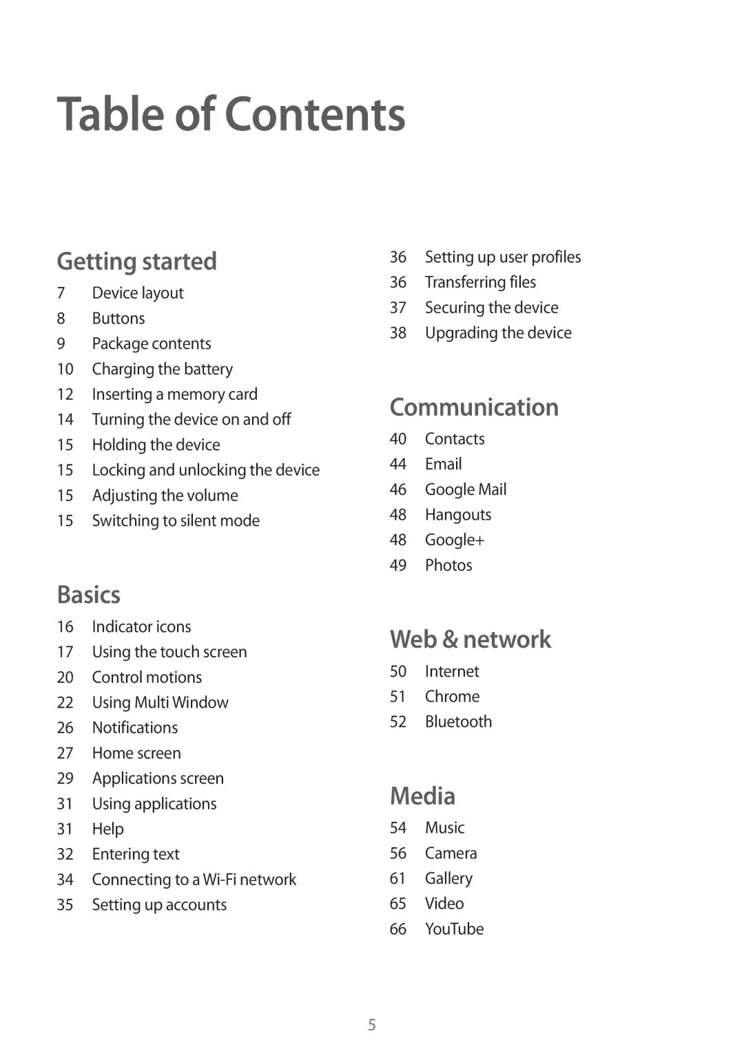 Samsung SM-T230NYKATUR, SM-T230NZWAXEO, SM-T230NZWATUR, SM-T230NYKAATO, SM-T230NZWATPH, SM-T230NZWAEUR manual Table of Contents 