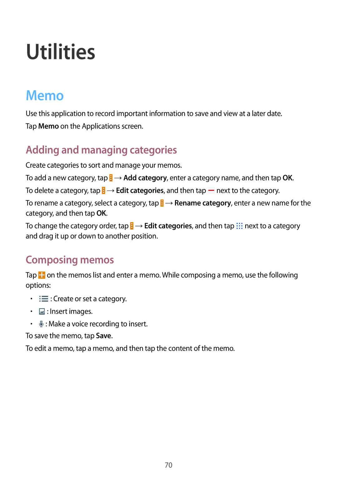 Samsung SM-T230NYKAXEH, SM-T230NZWAXEO, SM-T230NZWATUR Utilities, Memo, Adding and managing categories, Composing memos 