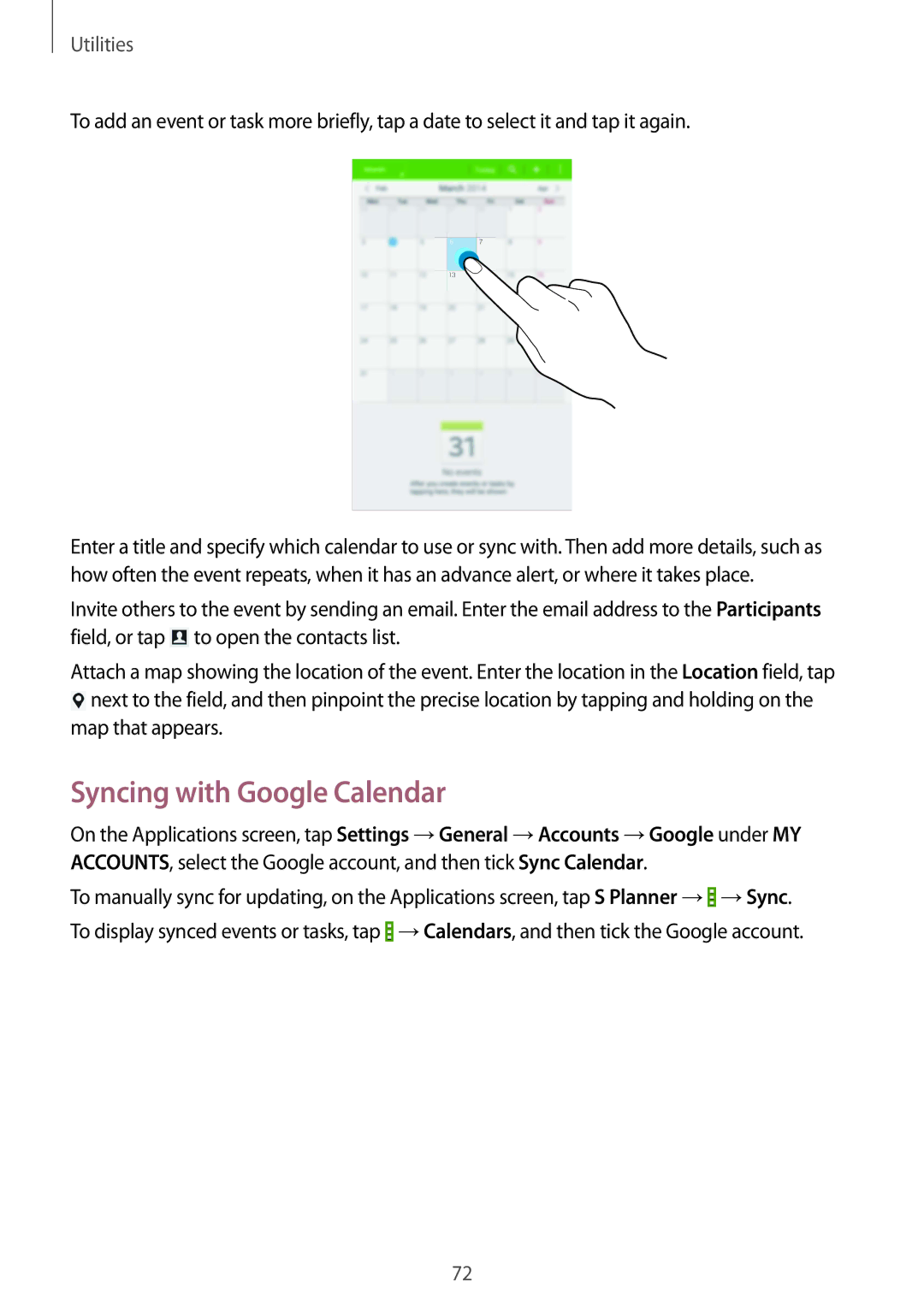 Samsung SM-T230NZWAXEH, SM-T230NZWAXEO, SM-T230NZWATUR, SM-T230NYKAATO, SM-T230NZWATPH manual Syncing with Google Calendar 