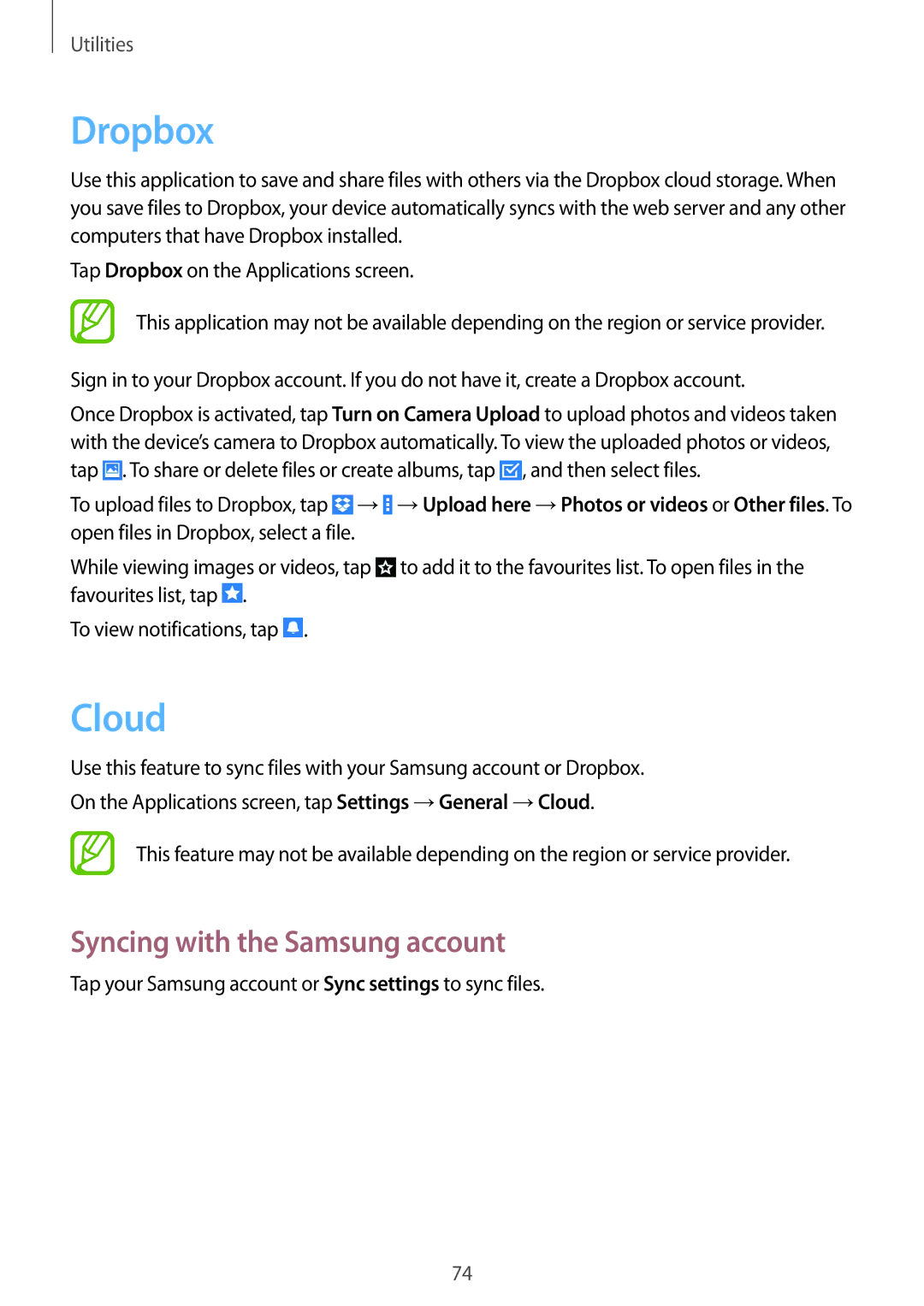 Samsung SM2T230NYKAXEH, SM-T230NZWAXEO, SM-T230NZWATUR, SM-T230NYKAATO manual Dropbox, Cloud, Syncing with the Samsung account 