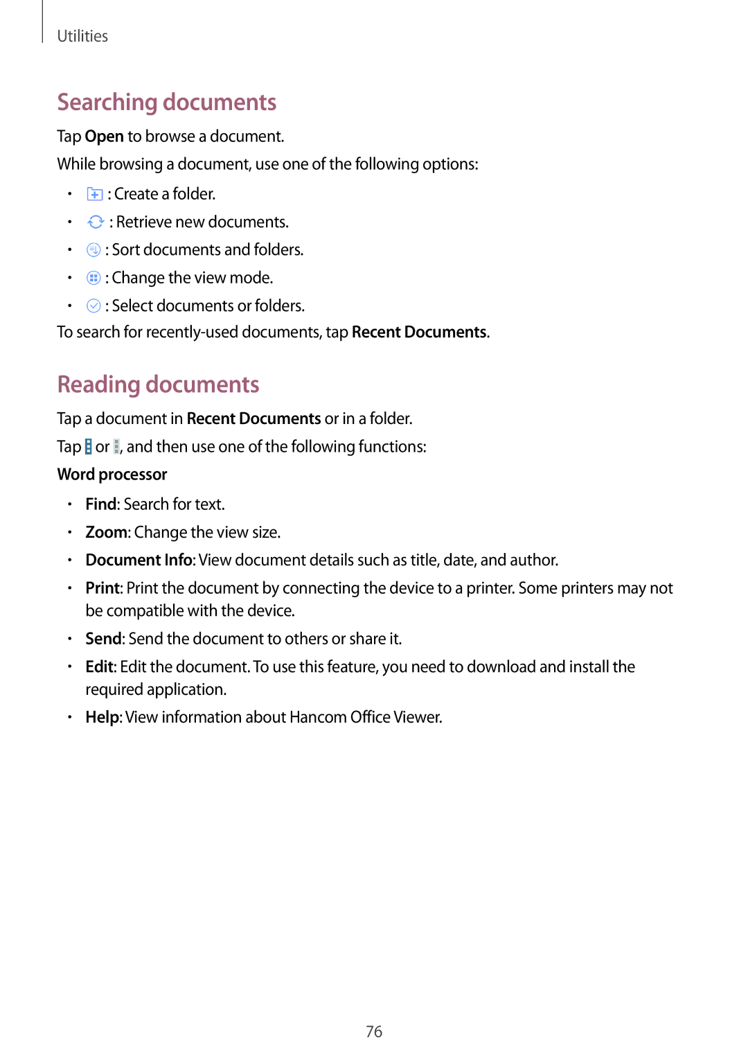 Samsung SM-T230NYKAXEZ, SM-T230NZWAXEO, SM-T230NZWATUR manual Searching documents, Reading documents, Word processor 