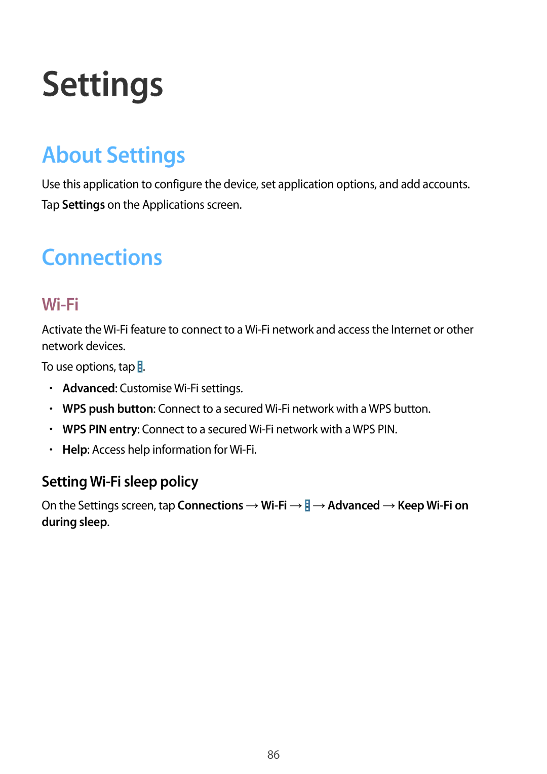 Samsung SM-T230NYKAATO, SM-T230NZWAXEO, SM-T230NZWATUR manual About Settings, Connections, Setting Wi-Fi sleep policy 