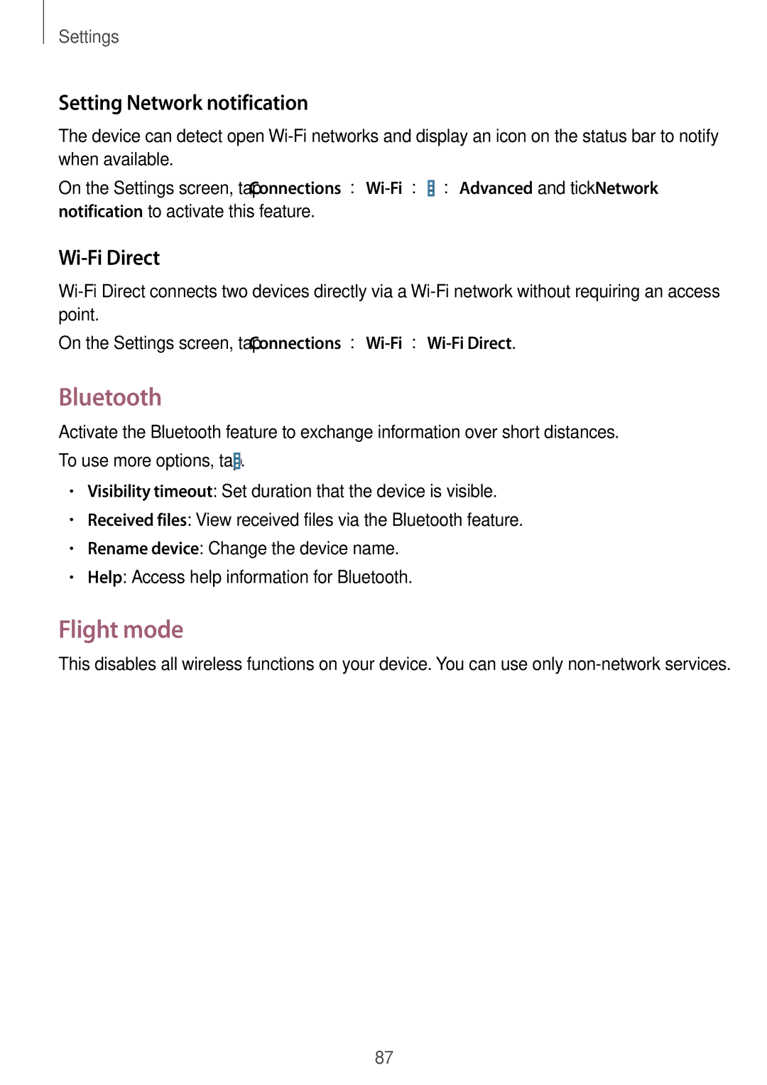 Samsung SM-T230NZWATPH, SM-T230NZWAXEO, SM-T230NZWATUR Bluetooth, Flight mode, Setting Network notification, Wi-Fi Direct 