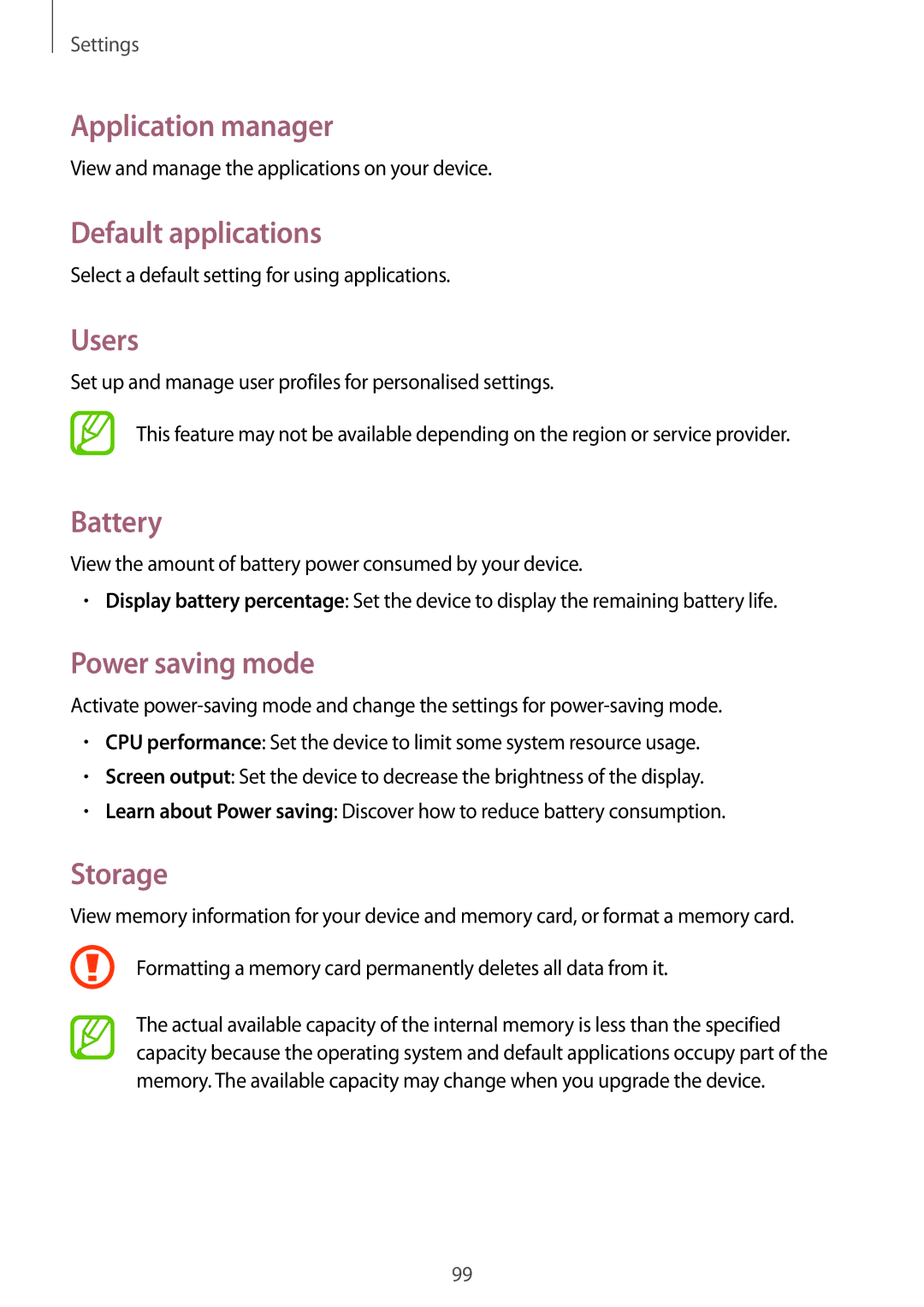 Samsung SM-T230NYKAXEO manual Application manager, Default applications, Users, Battery, Power saving mode, Storage 