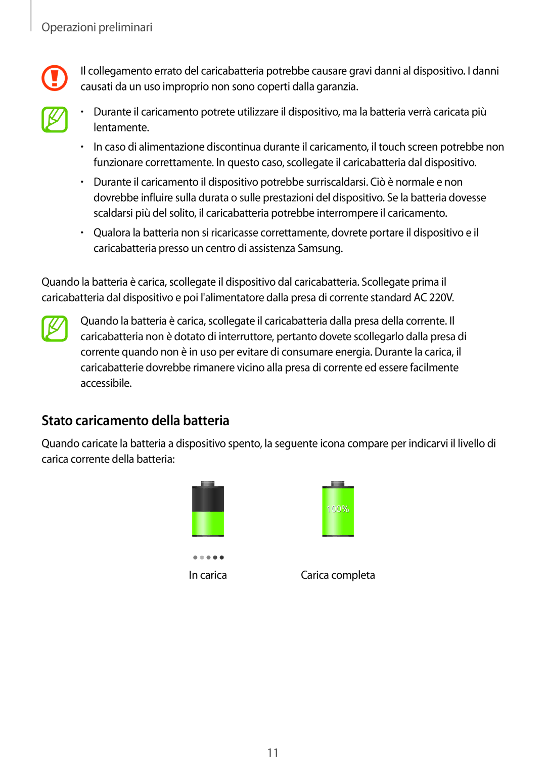 Samsung SM-T230NZWADBT, SM-T230NZWAXEO, SM-T230NZWATUR, SM-T230NYKATUR, SM-T230NYKADBT manual Stato caricamento della batteria 