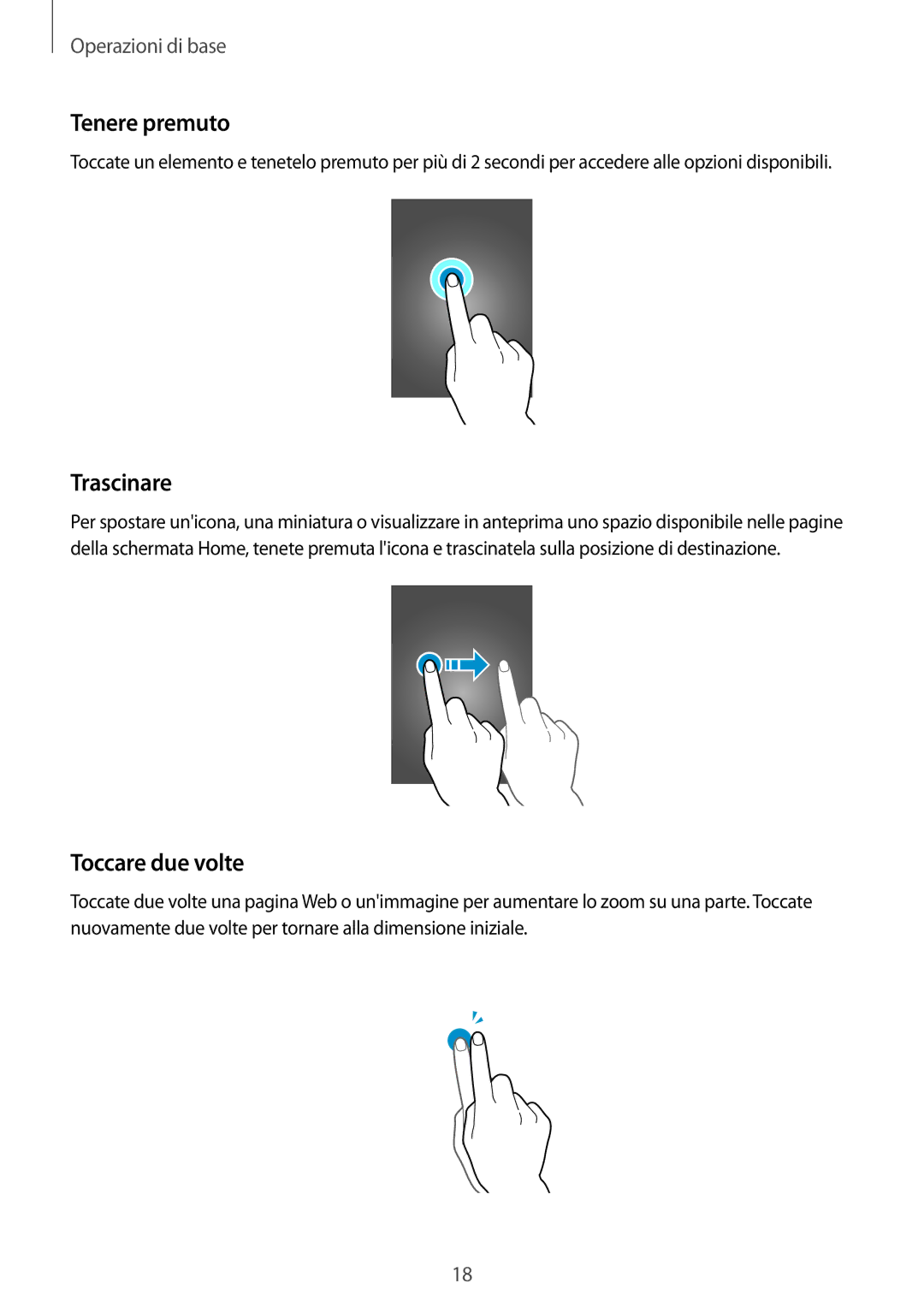 Samsung SM-T230NYKATUR, SM-T230NZWAXEO, SM-T230NZWATUR, SM-T230NZWADBT manual Tenere premuto, Trascinare, Toccare due volte 