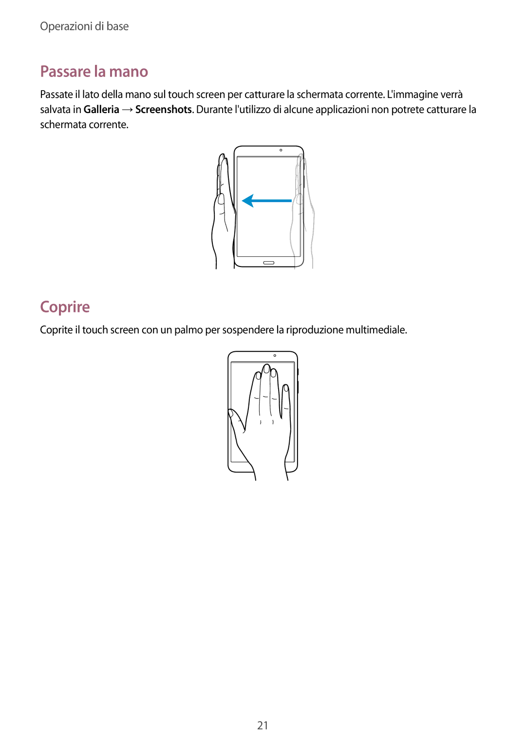 Samsung SM-T230NYKAXEO, SM-T230NZWAXEO, SM-T230NZWATUR, SM-T230NYKATUR, SM-T230NZWADBT manual Passare la mano, Coprire 