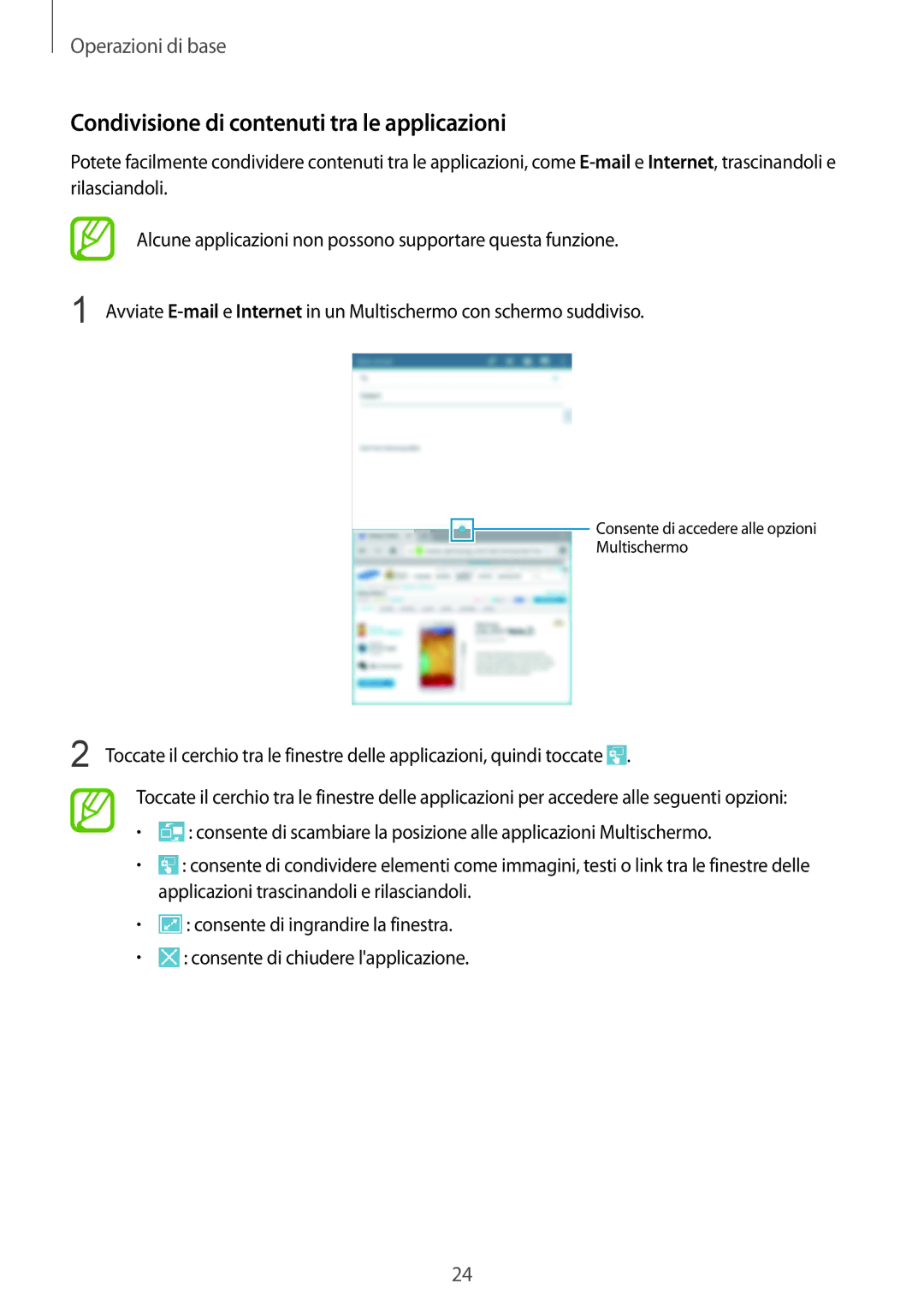 Samsung SM-T230NZWAXEO, SM-T230NZWATUR, SM-T230NYKATUR, SM-T230NZWADBT manual Condivisione di contenuti tra le applicazioni 