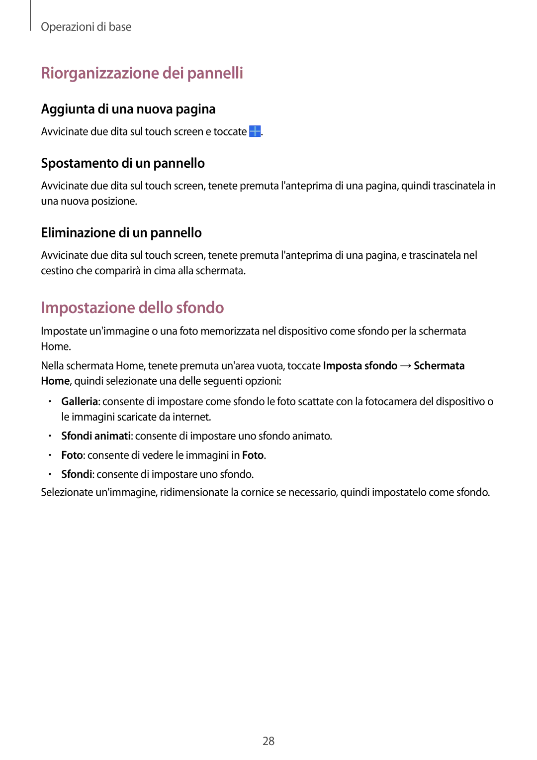 Samsung SM-T230NYKADBT manual Riorganizzazione dei pannelli, Impostazione dello sfondo, Aggiunta di una nuova pagina 