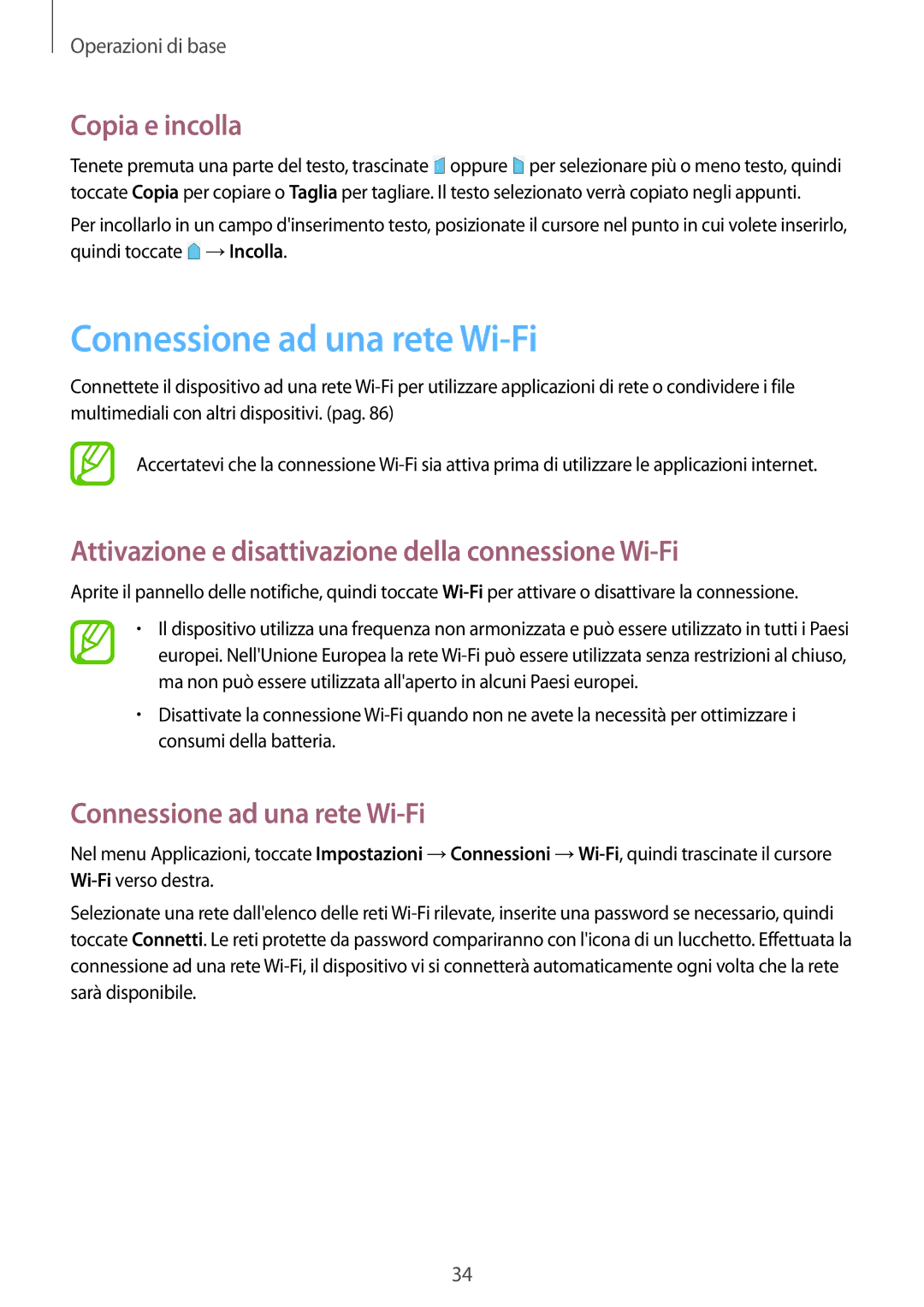 Samsung SM-T230NYKATUR, SM-T230NZWAXEO, SM-T230NZWATUR, SM-T230NZWADBT manual Connessione ad una rete Wi-Fi, Copia e incolla 