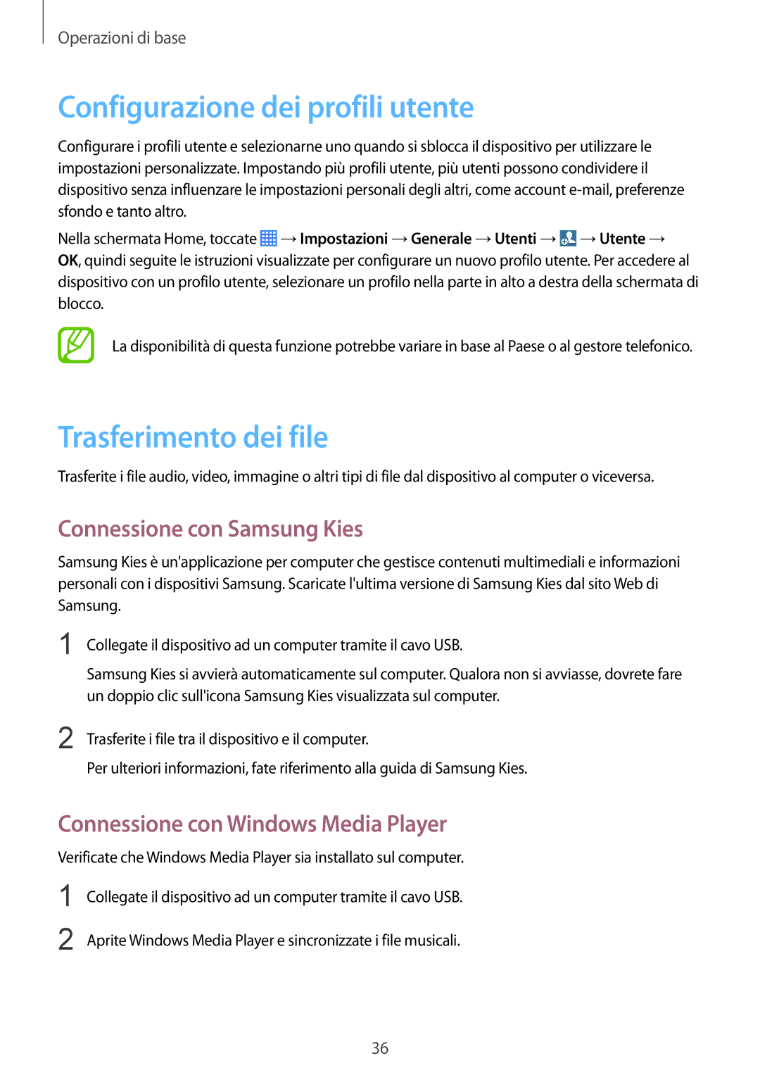 Samsung SM-T230NYKADBT manual Configurazione dei profili utente, Trasferimento dei file, Connessione con Samsung Kies 